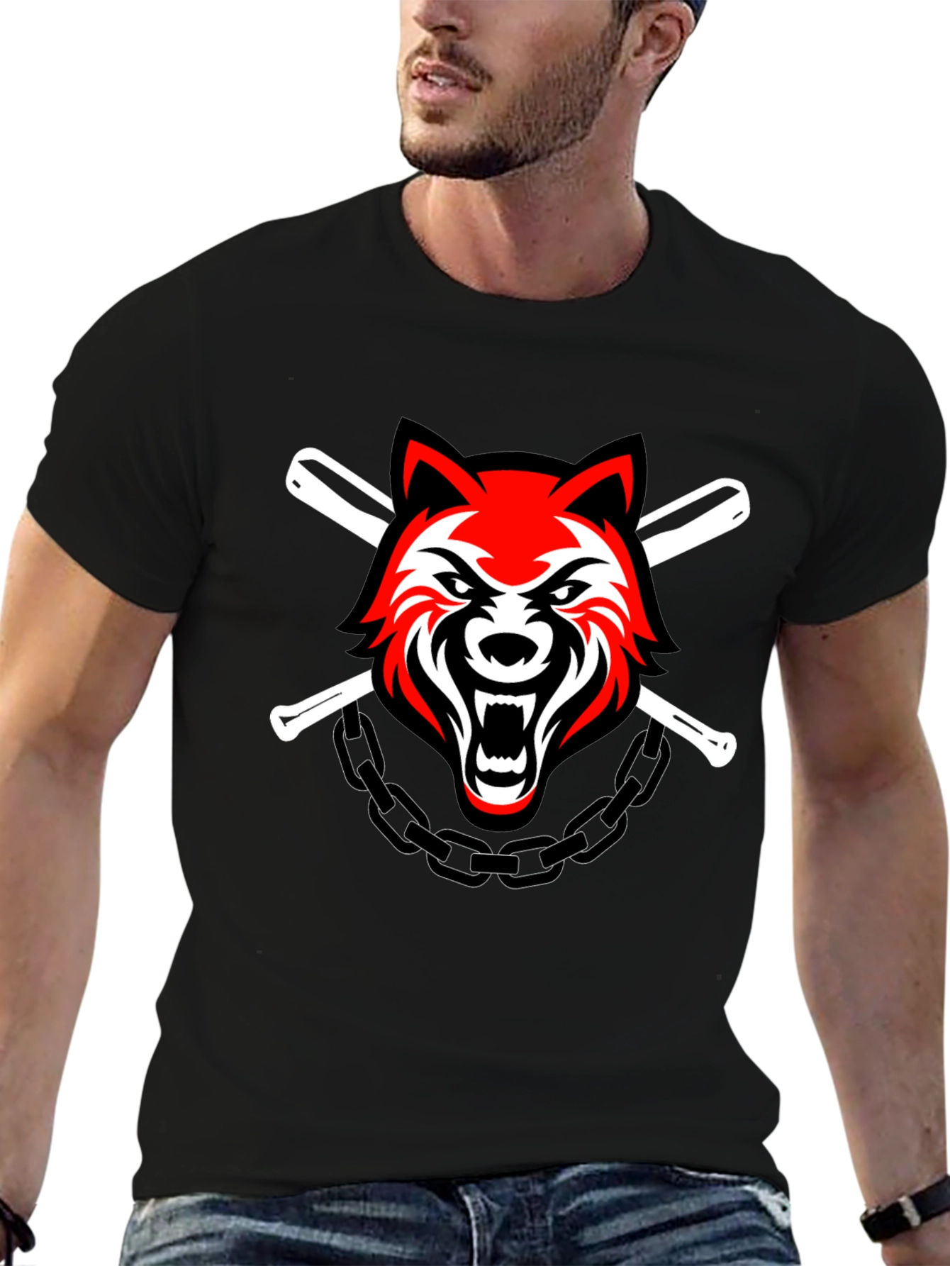 Black Wolf & Baseball Bats Graphic T-Shirt view 6