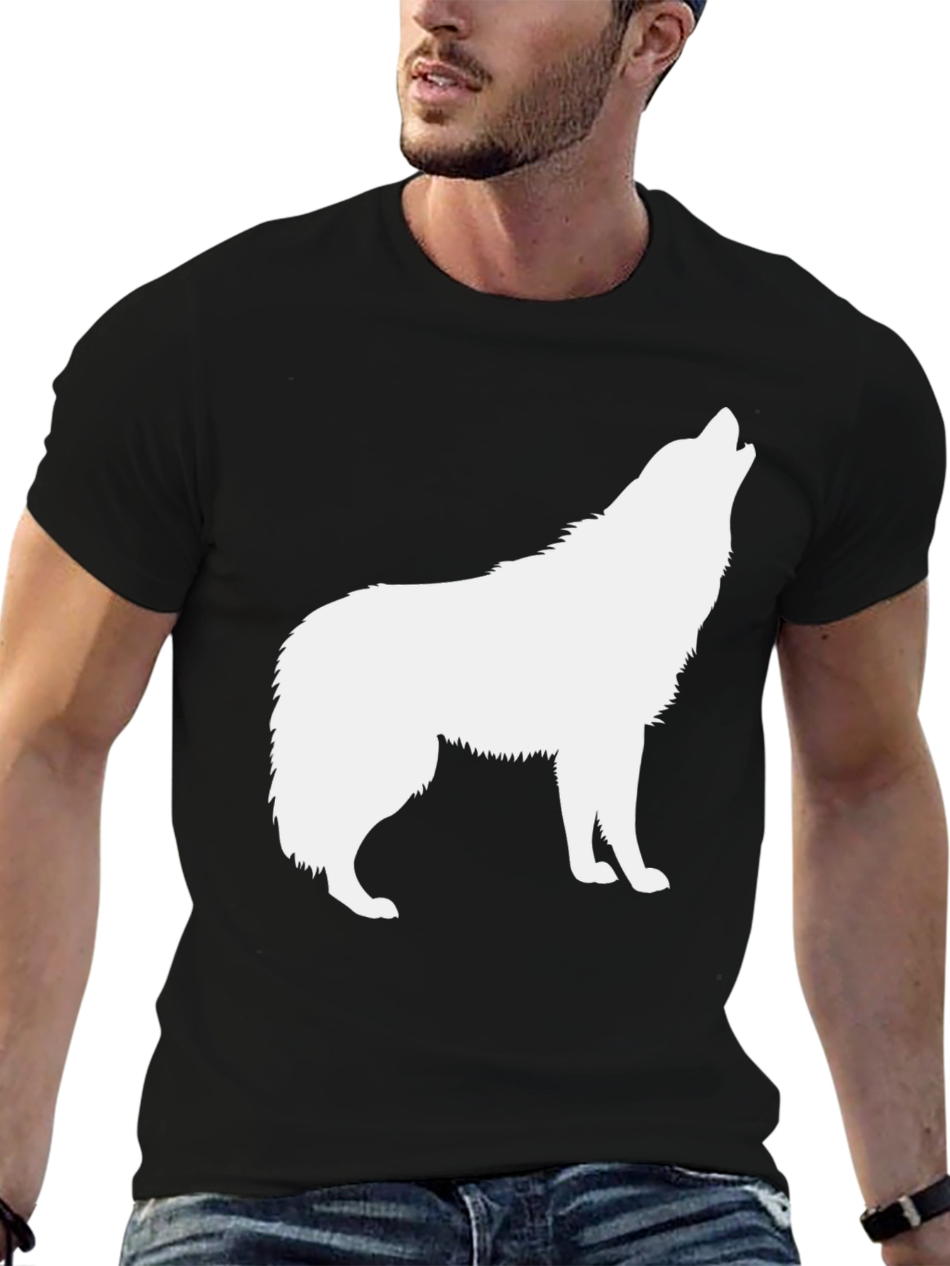 Black Men's Black T-Shirt with White Wolf Graphic view 6