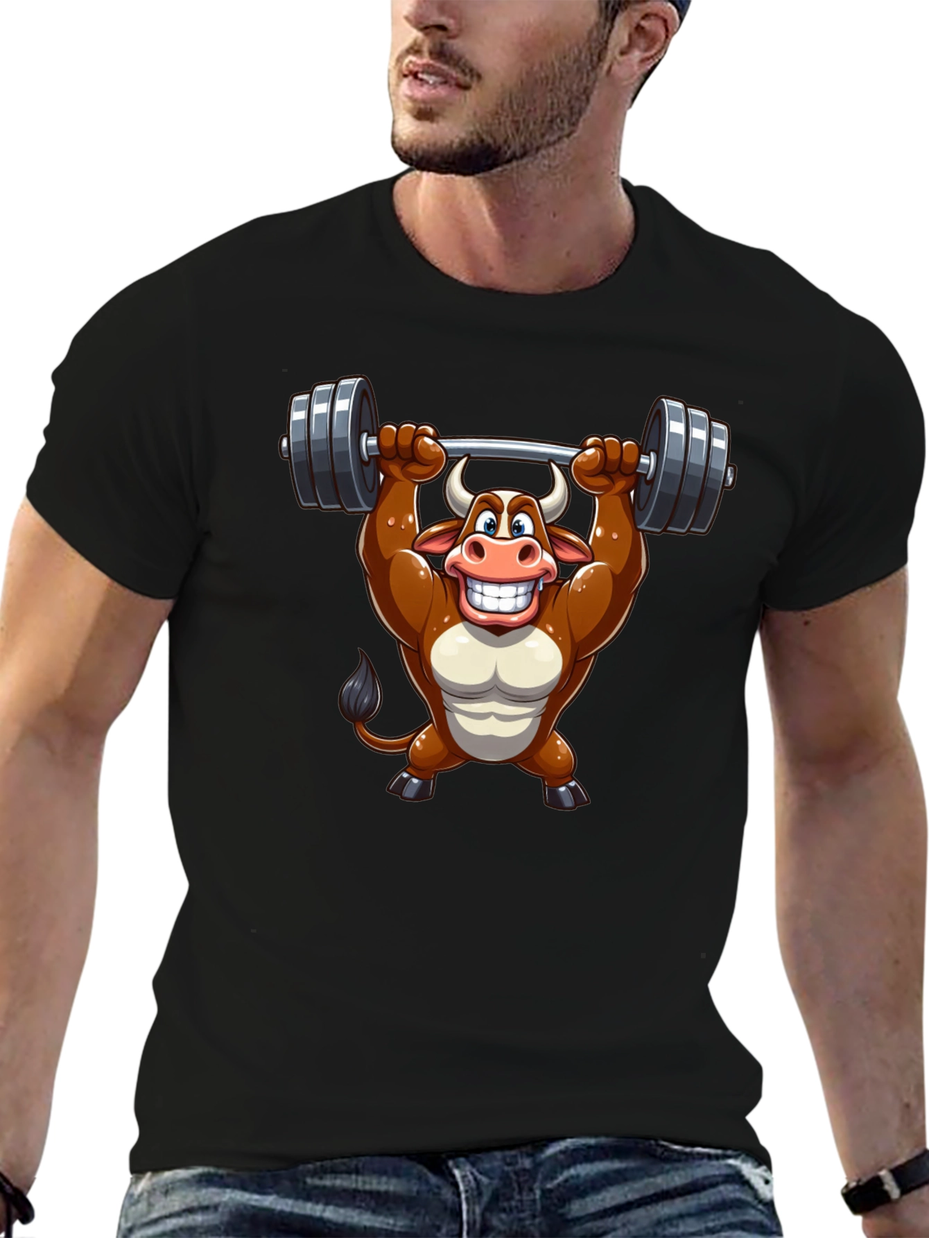 Black Funny Bull Lifting Weights T-Shirt view 6