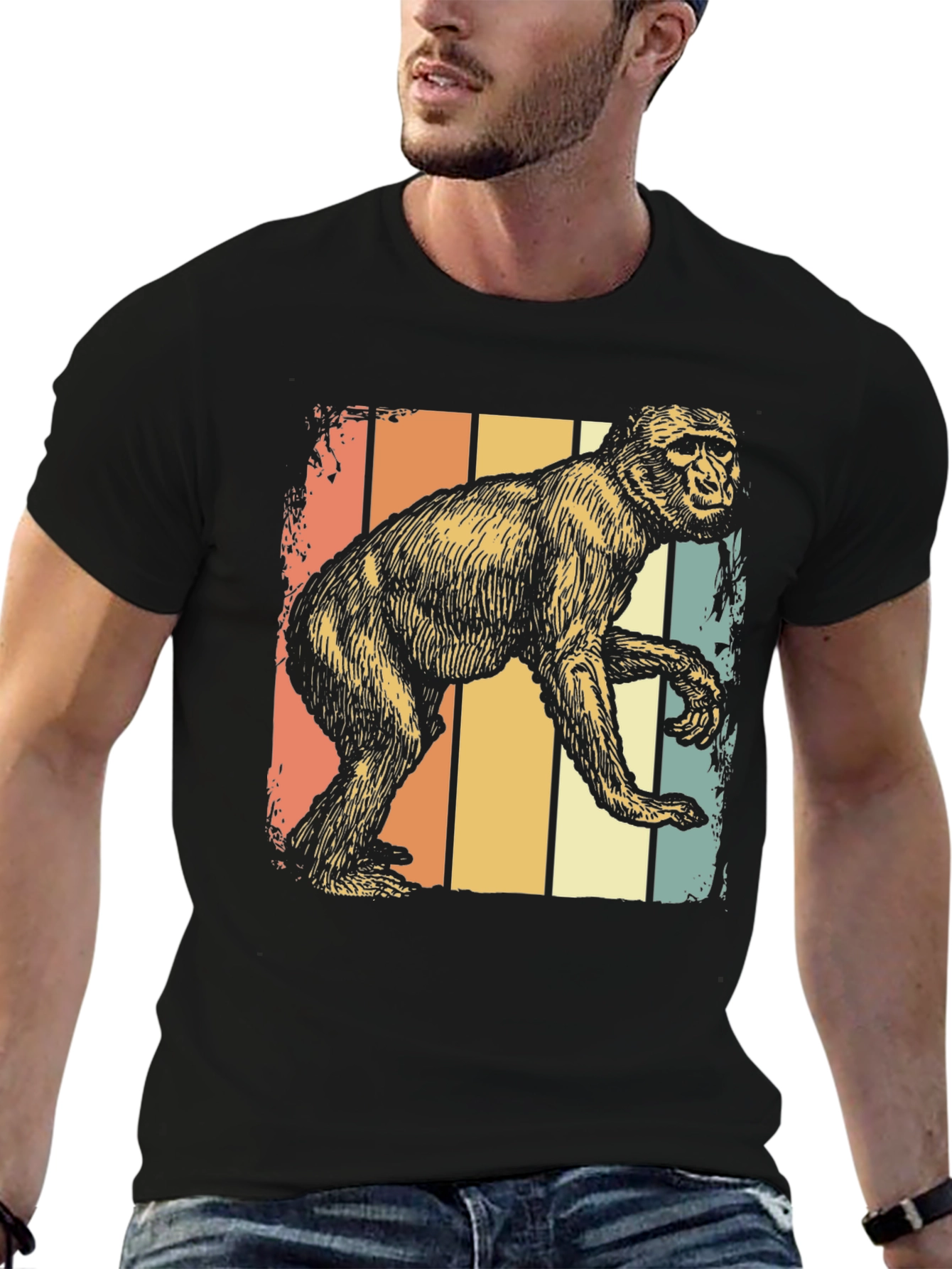 Black Retro Monkey Graphic Tee - Vintage Style Comfort view 6
