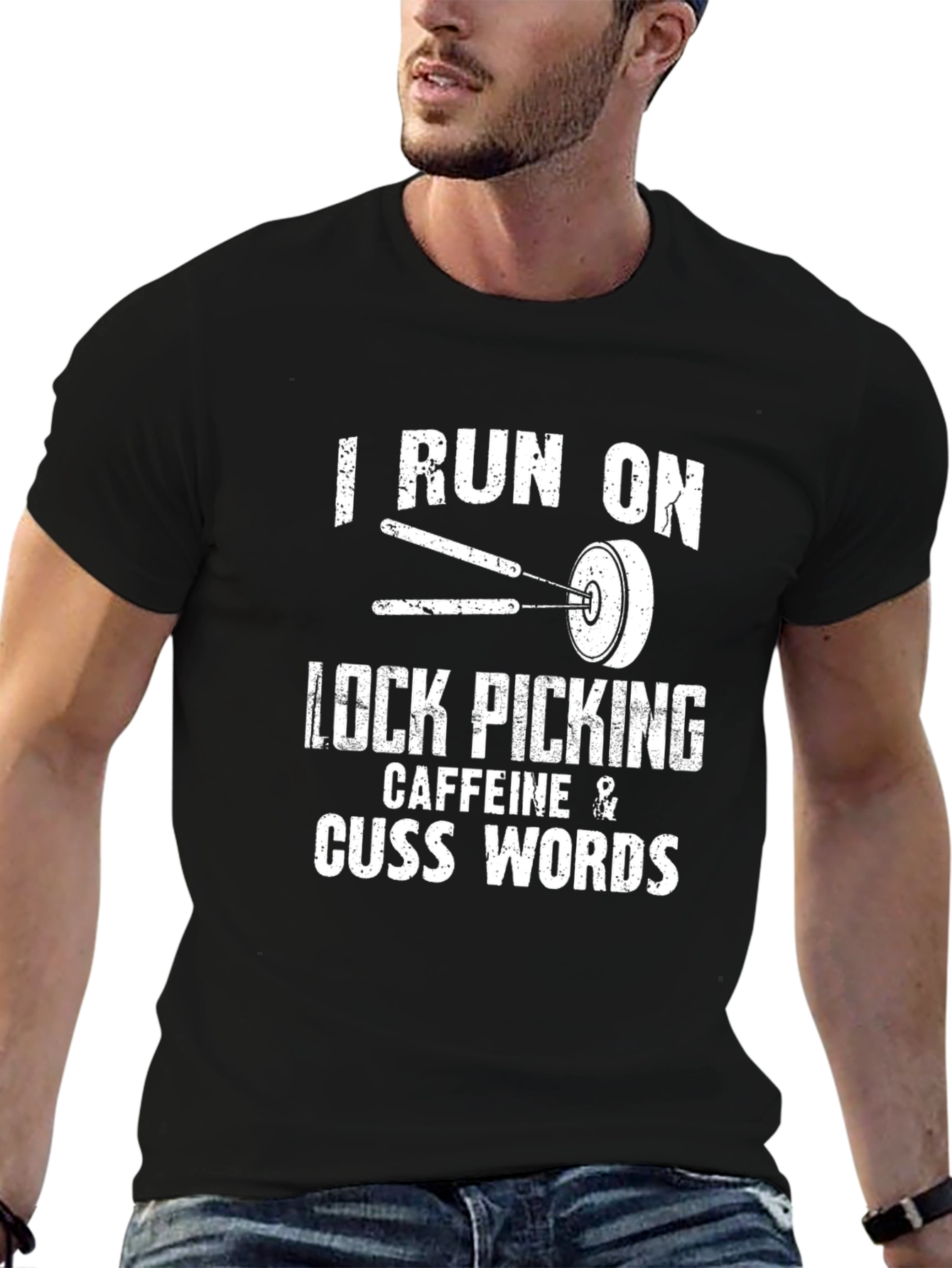 Black Lock Picking Caffeine Cuss Words T-Shirt view 6