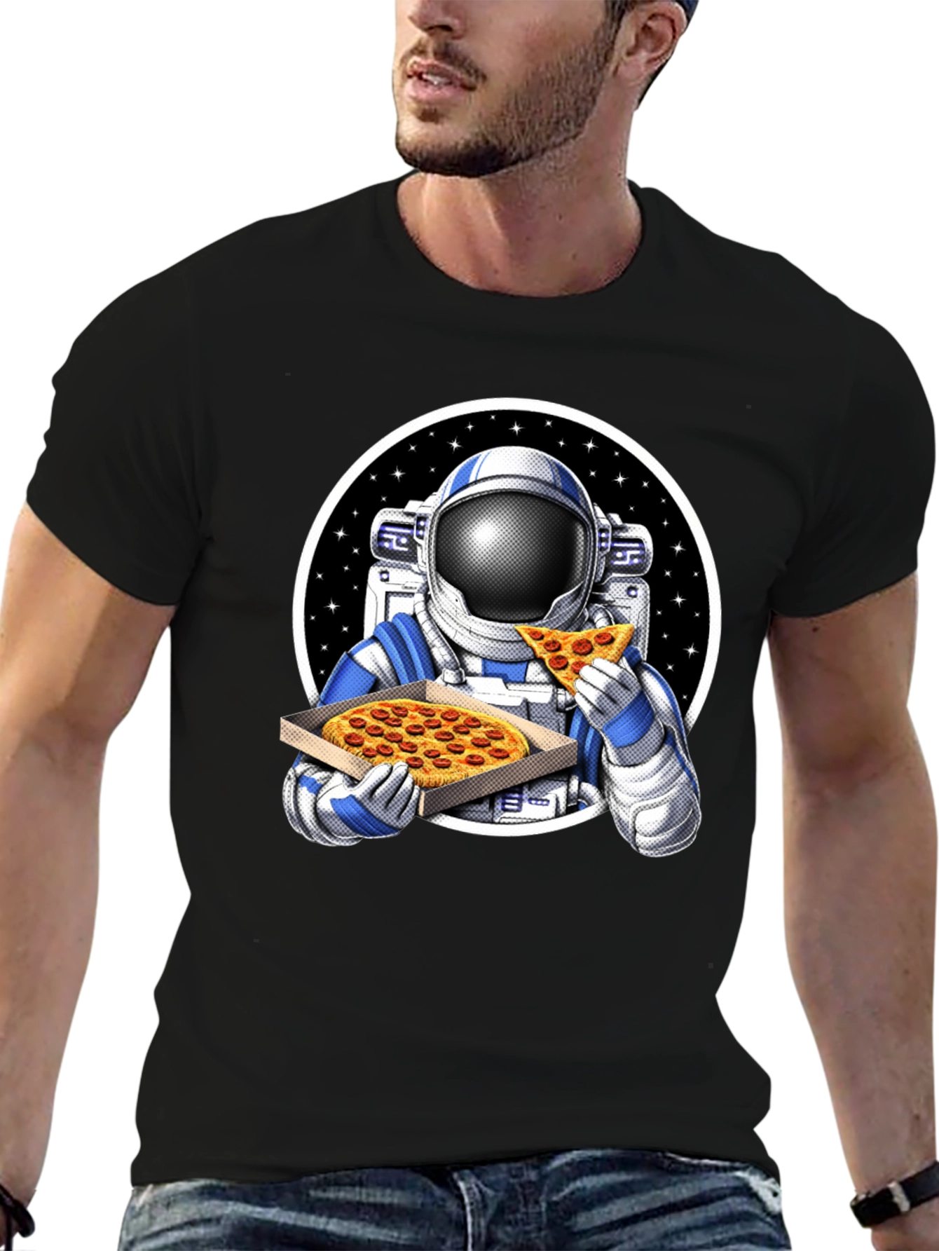 Black Astronaut Pizza Graphic Tee - Space Foodie T-Shirt view 6