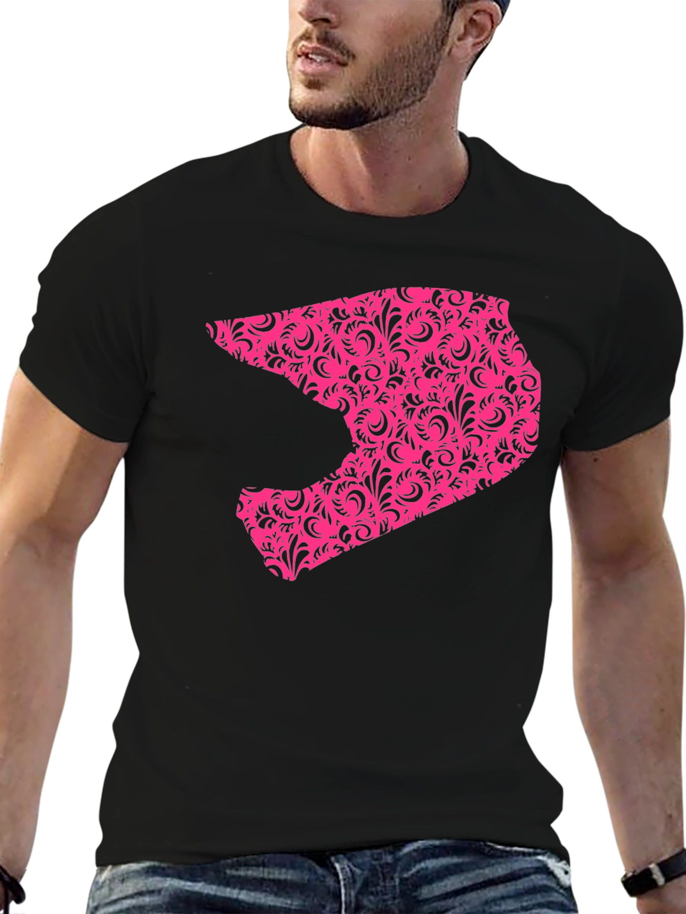 Black Men's Black T-shirt with Pink Helmet Design view 6