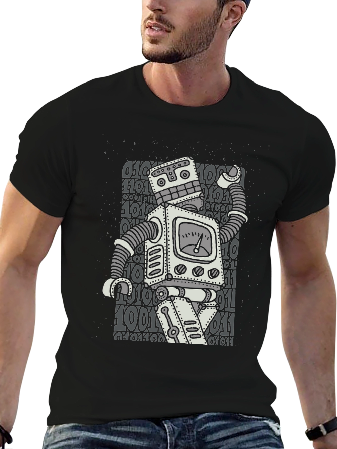 Black Retro Robot Graphic T-Shirt - Black Cotton Blend view 6