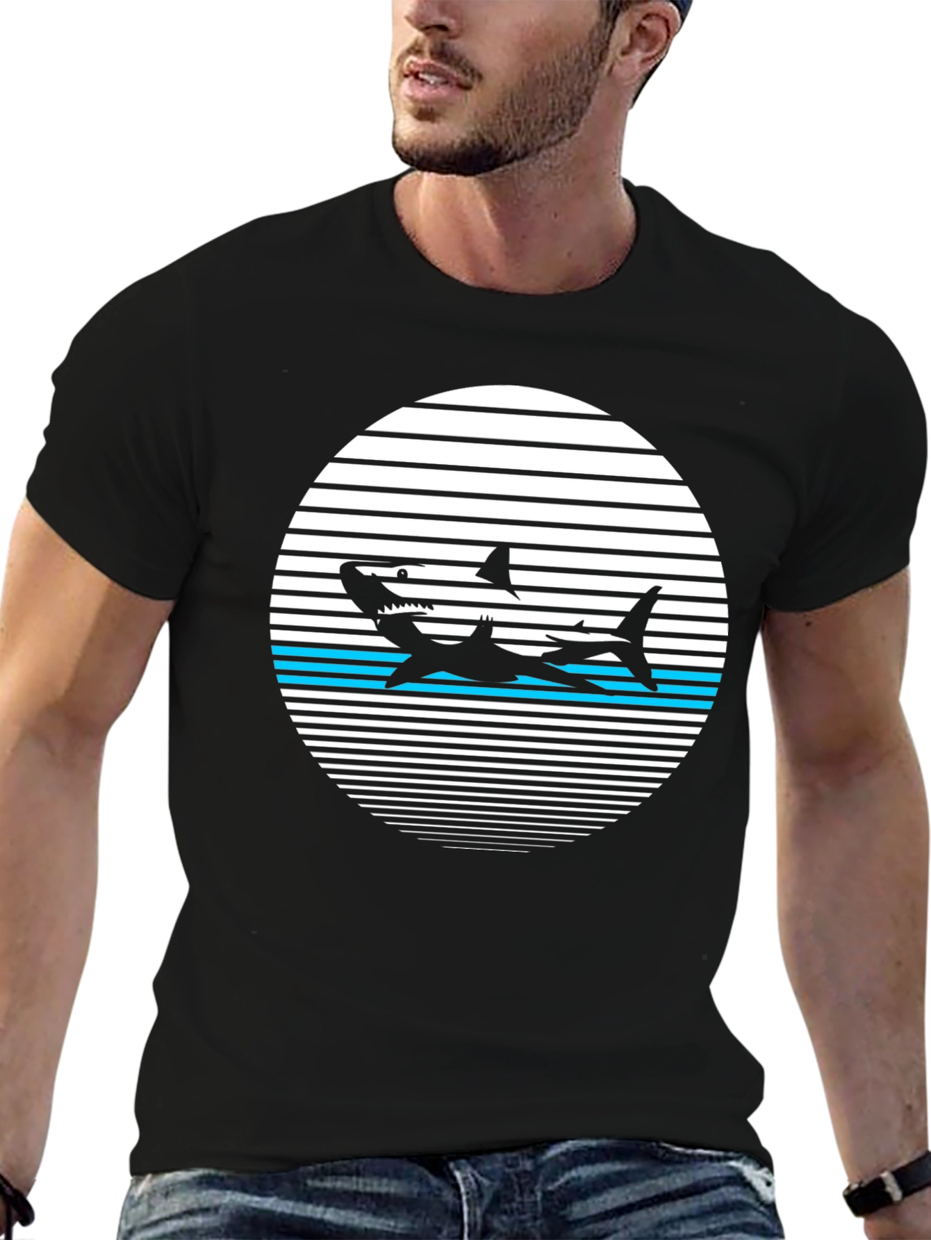 Black Retro Shark Graphic Tee - Black Cotton T-Shirt view 6