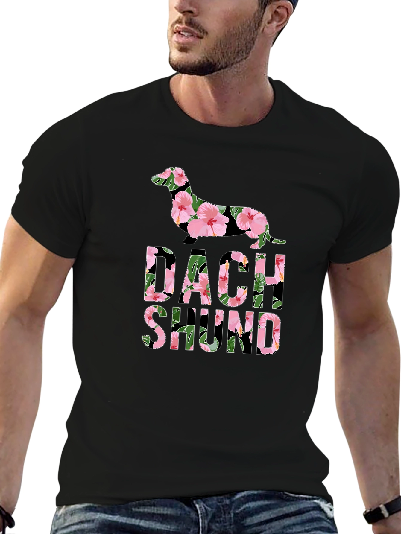 Black Floral Dachshund T-Shirt - Unique Dog Lover Gift view 6