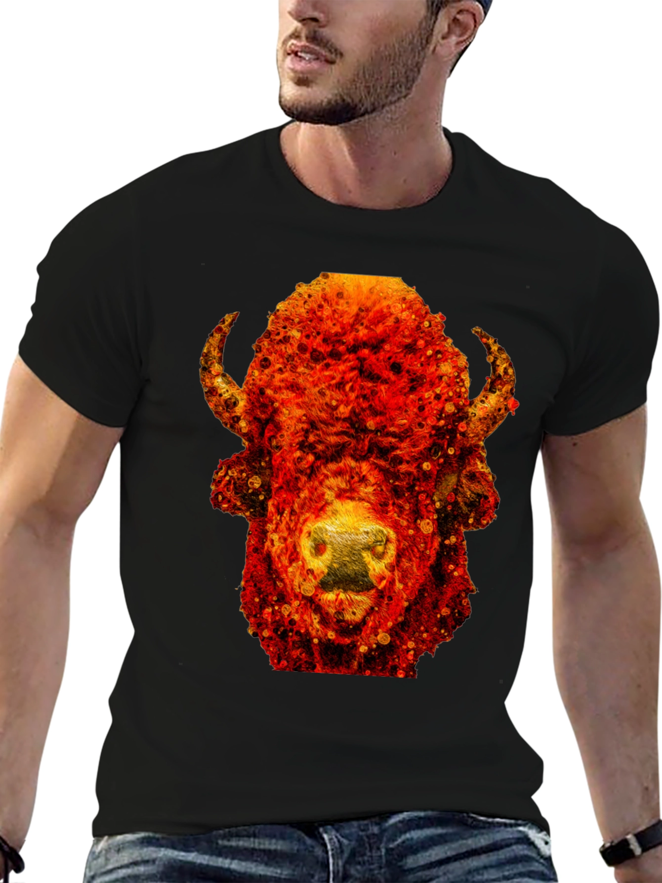 Black Fiery Bison Graphic Tee - Cool Animal Print T-Shirt view 6