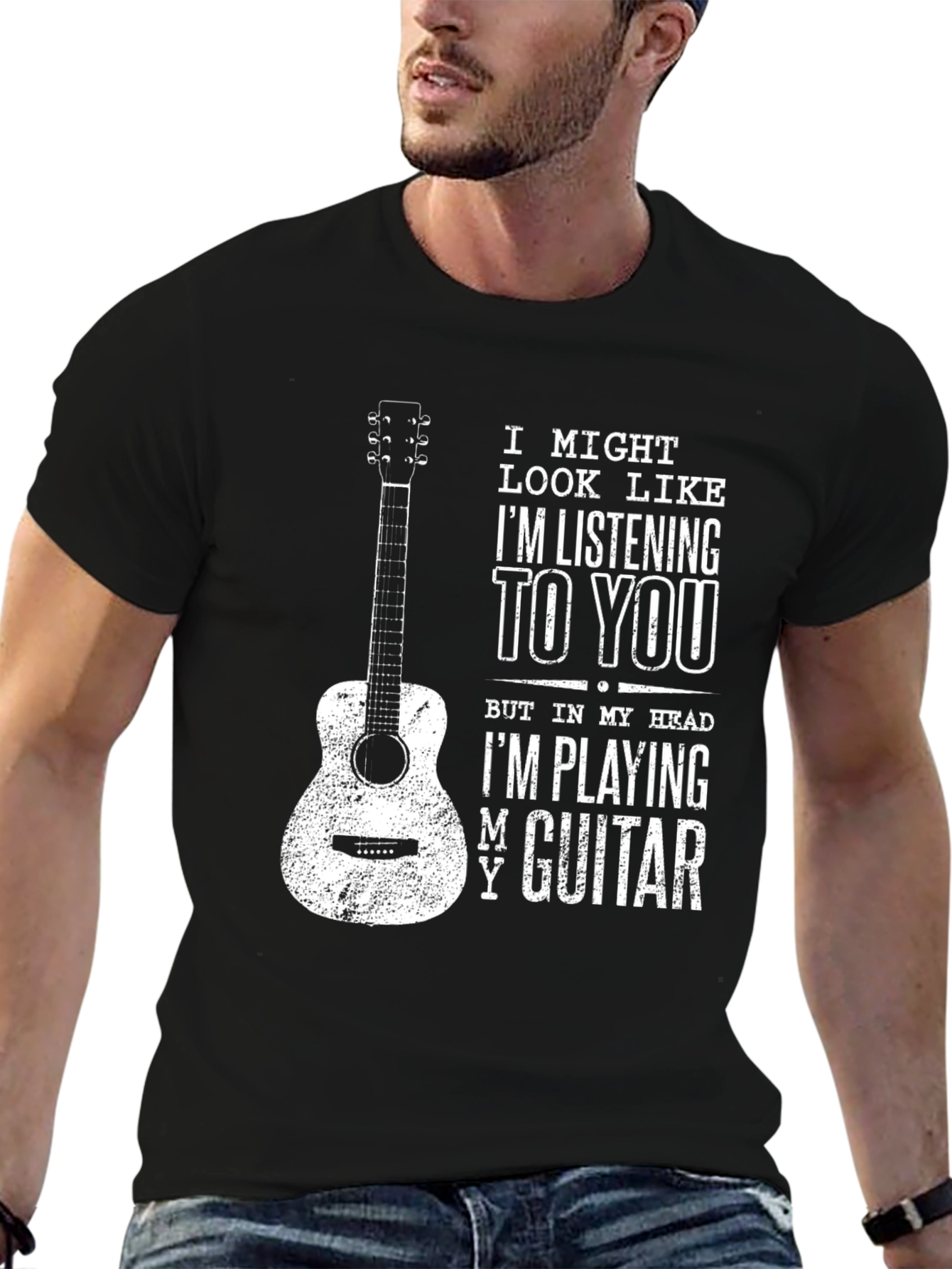 Black Guitar Player T-Shirt: I'm Playing My Guitar view 6