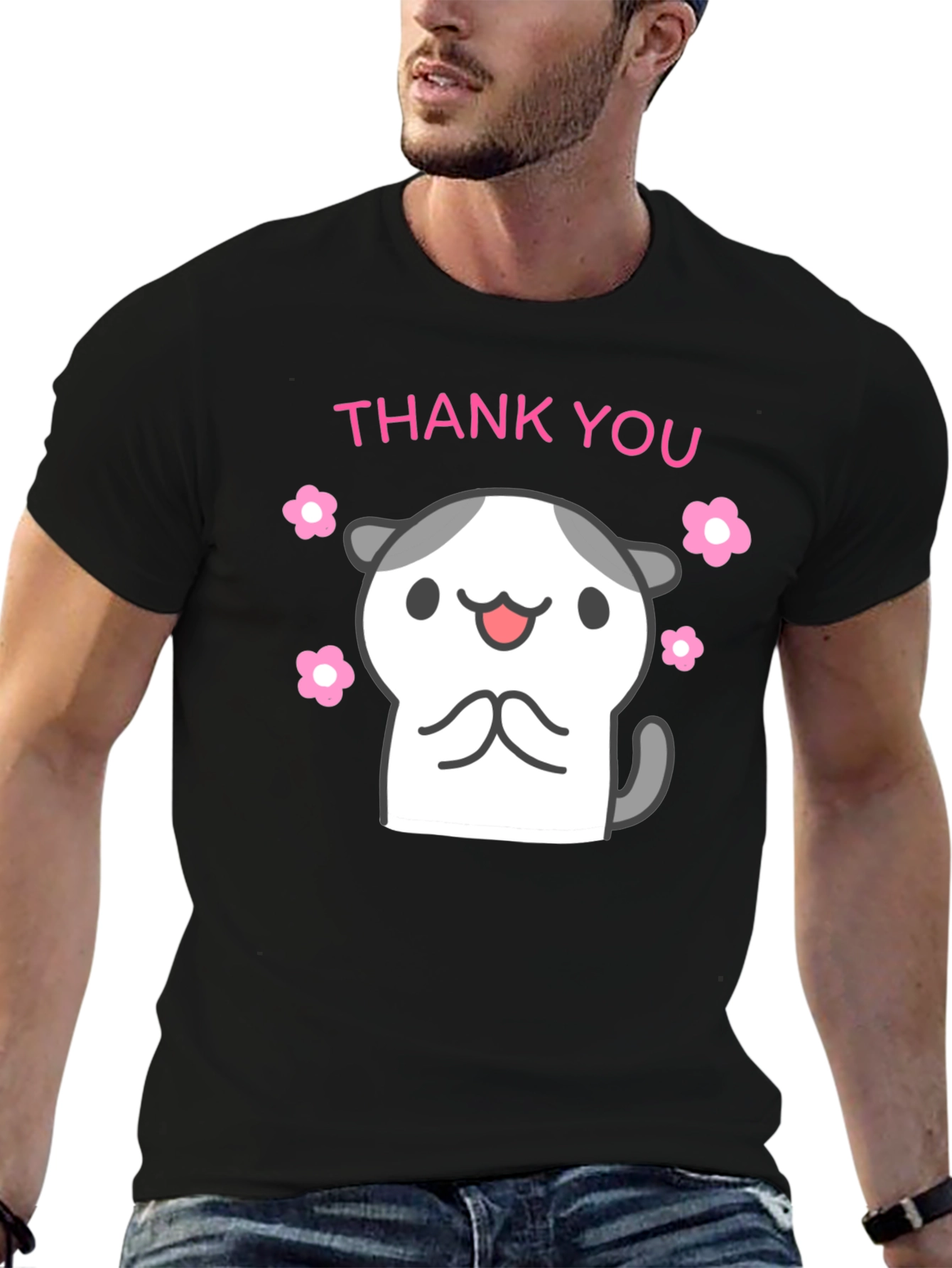 Black Cute Thank You Kitty Black T-Shirt view 6