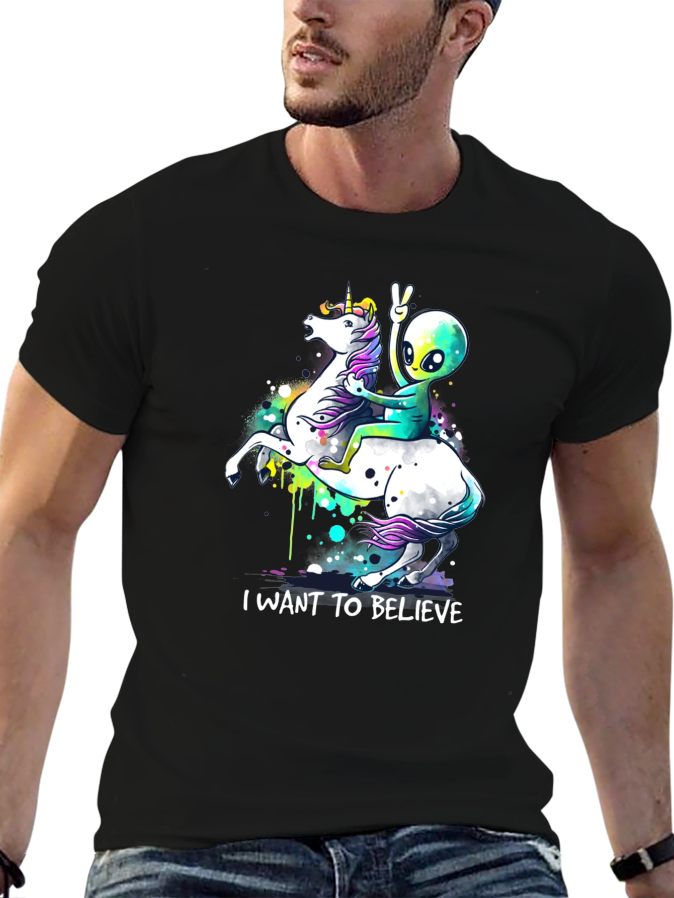 Black Alien Riding Unicorn T-Shirt - I Want To Believe view 6