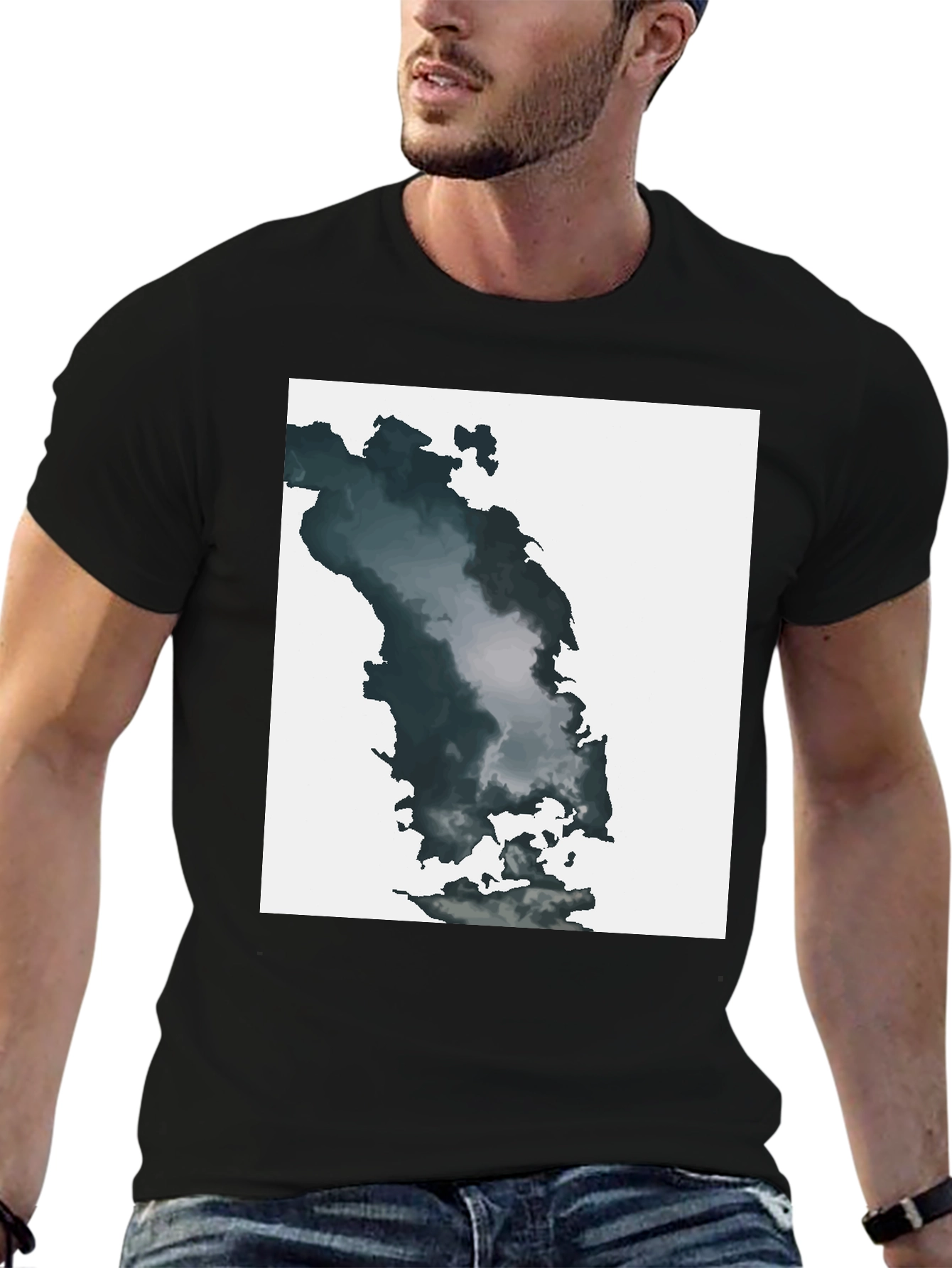 Black Abstract Cloudscape Graphic Tee - Soft Black Cotton Blend view 6