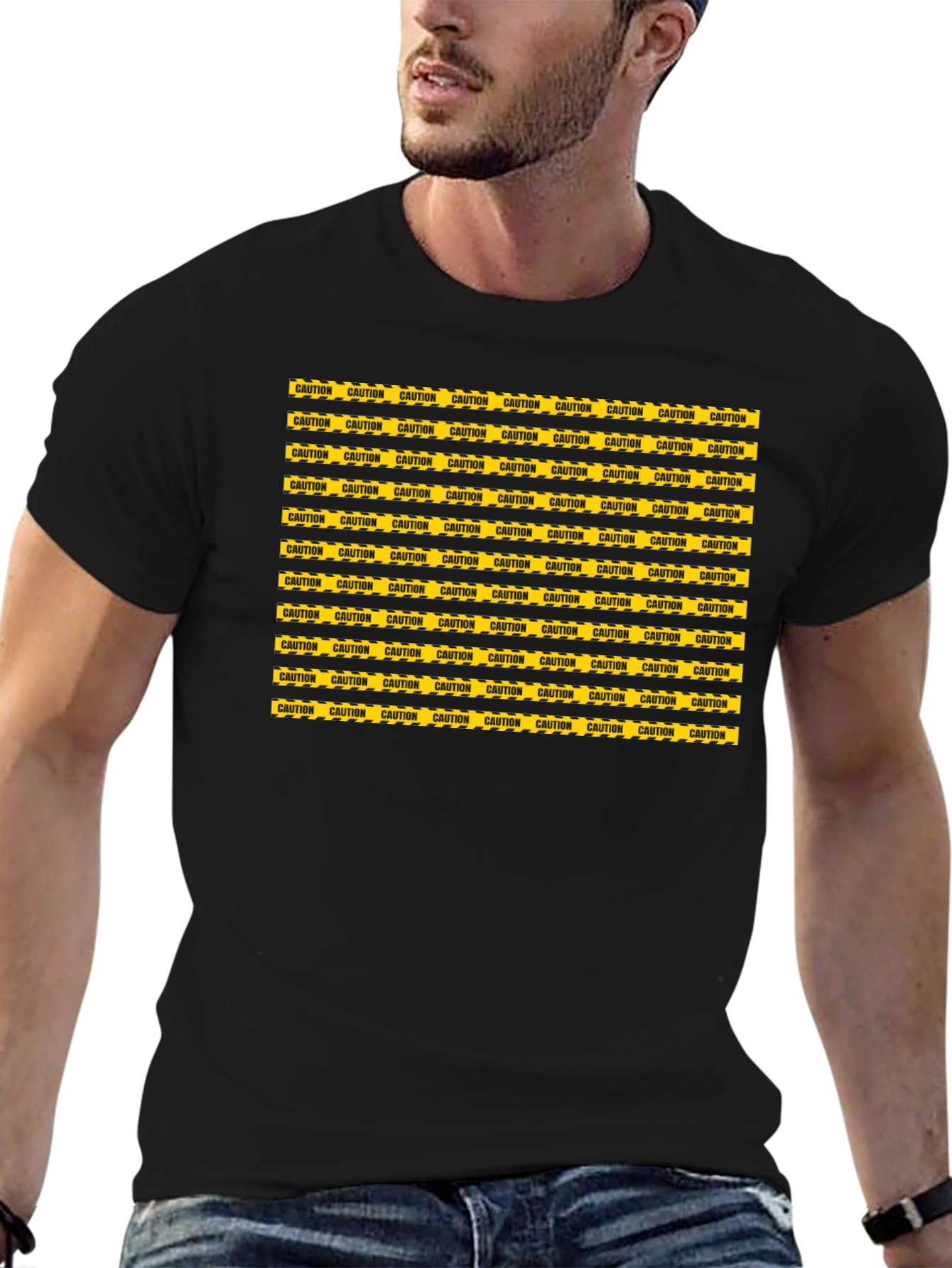 Black Caution Tape Pattern Graphic Tee - Black view 6