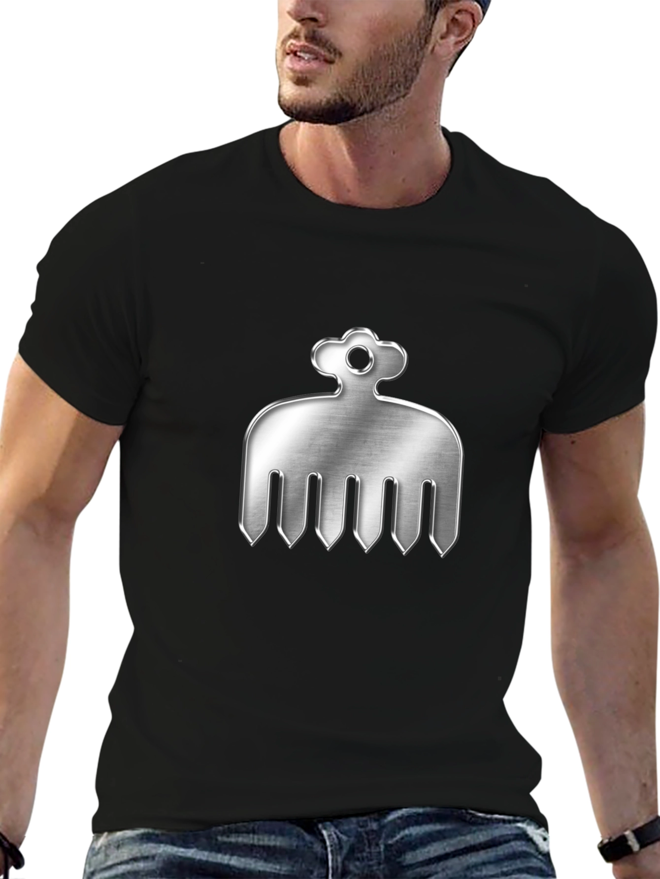 Black Mens Black T-Shirt with Silver Comb Design view 6
