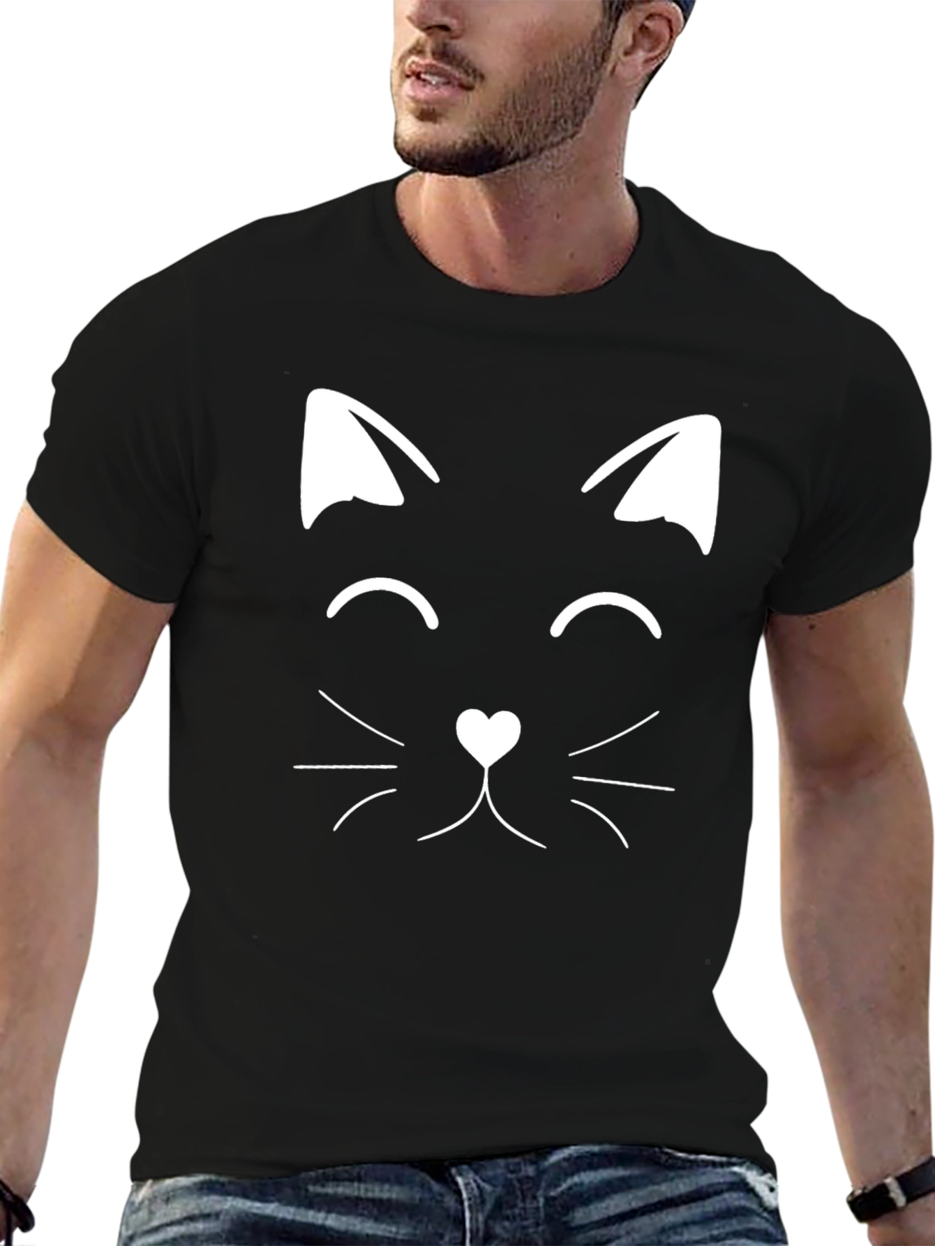 Black Cute Cat Face Graphic Tee - Black Cotton T-Shirt view 6