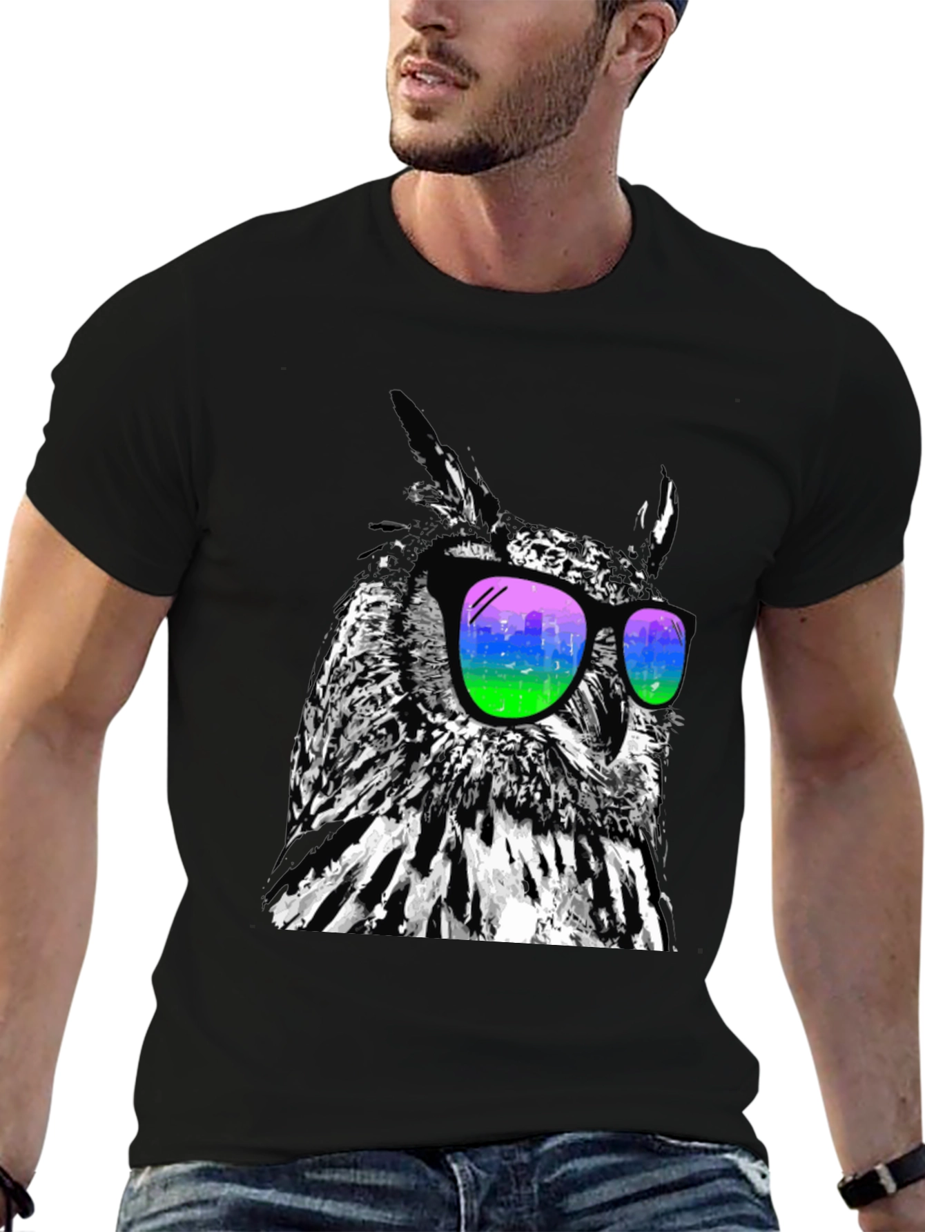 Black Cool Owl Graphic Tee - Stylish Bird Sunglasses T-Shirt view 6