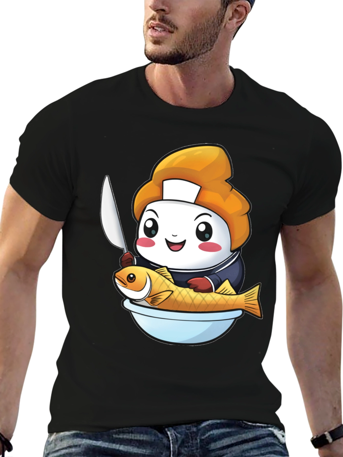Black Sushi Chef Fish T-Shirt: Cute Culinary Design view 6