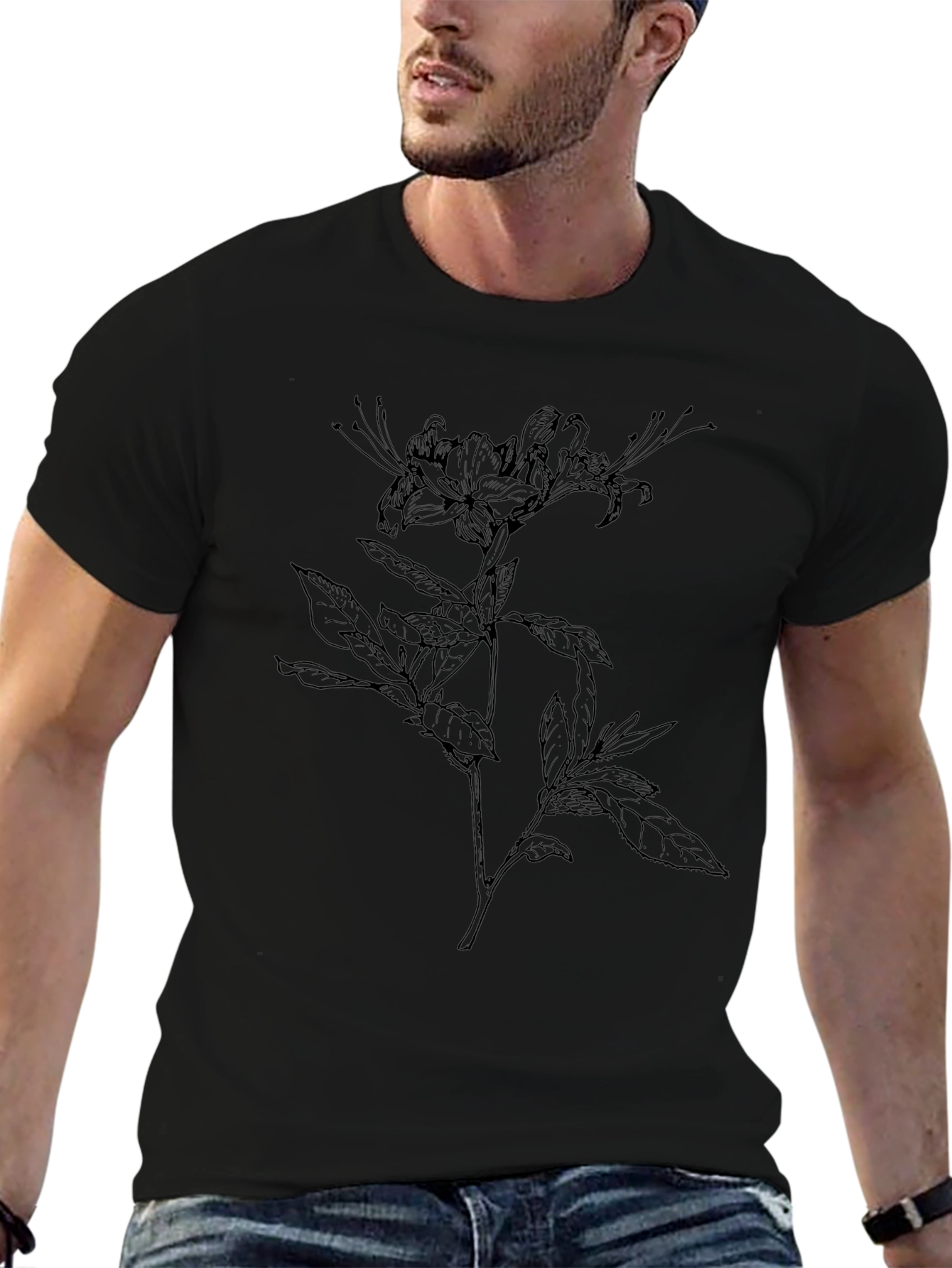 Black Botanical Line Art Tee - Stylish Floral T-Shirt view 6