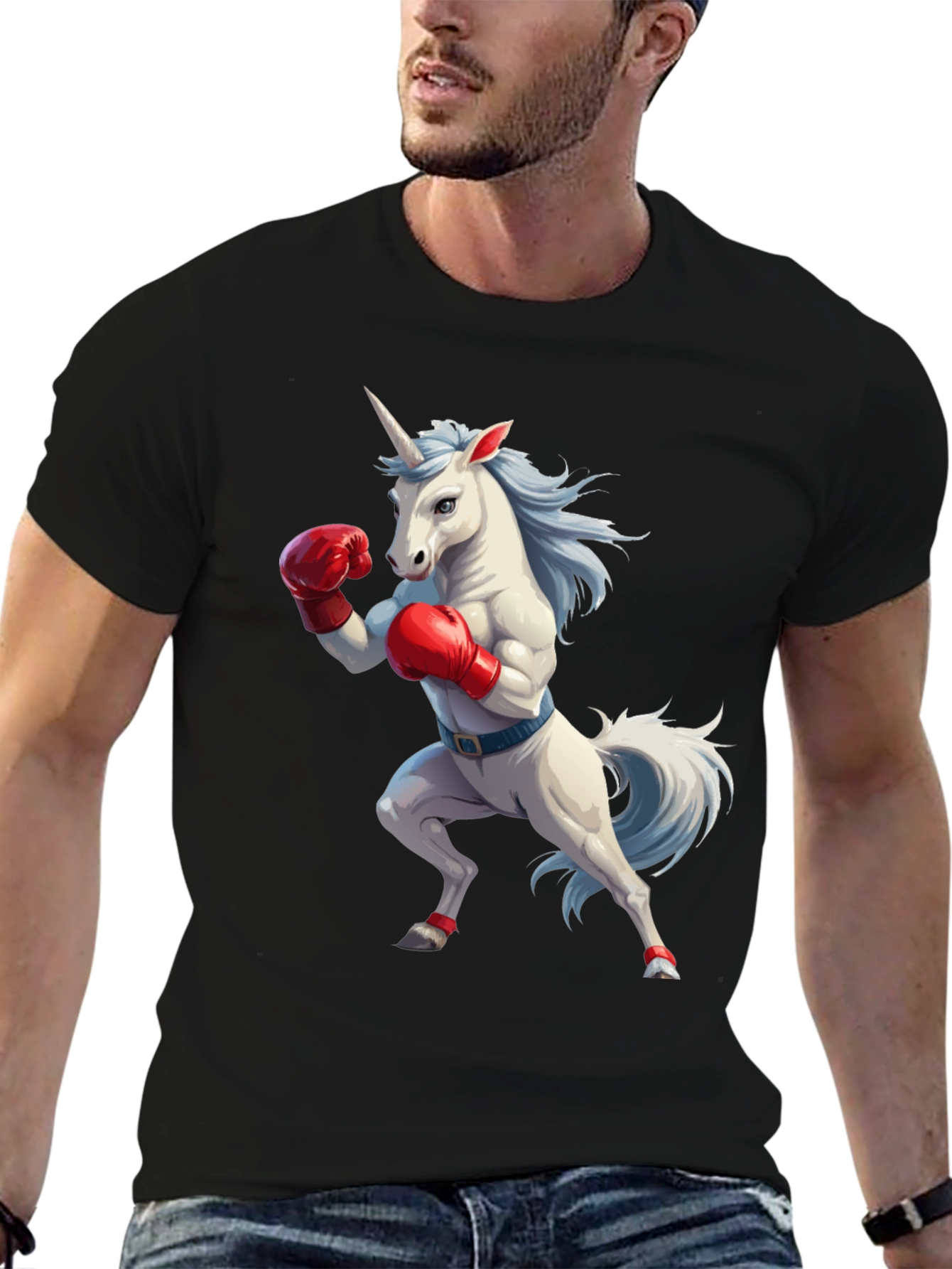 Black Unicorn Boxer Graphic Tee - Men's Black Cotton T-Shirt view 6