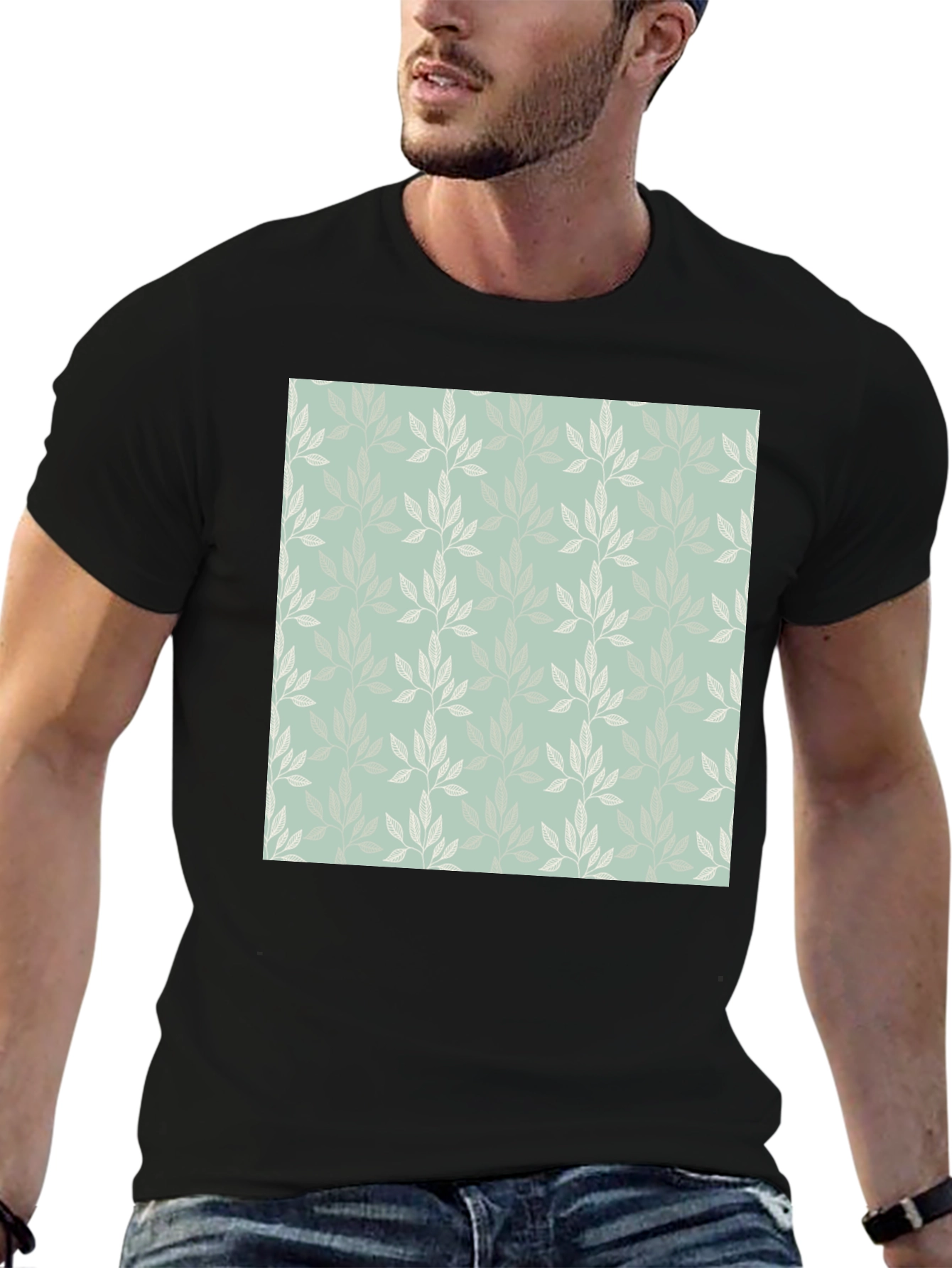 Black Leaf Pattern Graphic Black Tee view 6