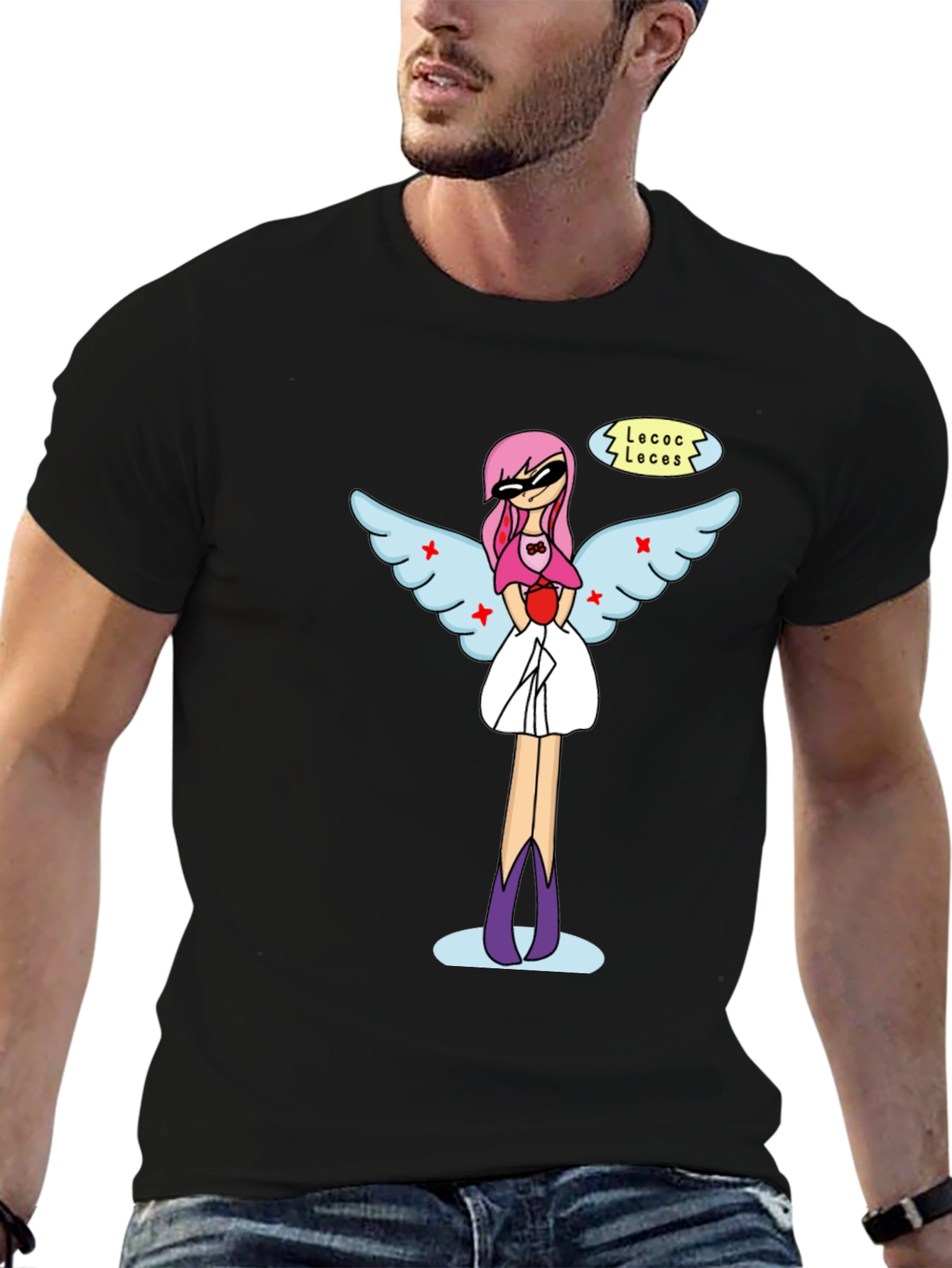 Black Whimsical Angel Graphic Tee - Black Cotton Blend view 6