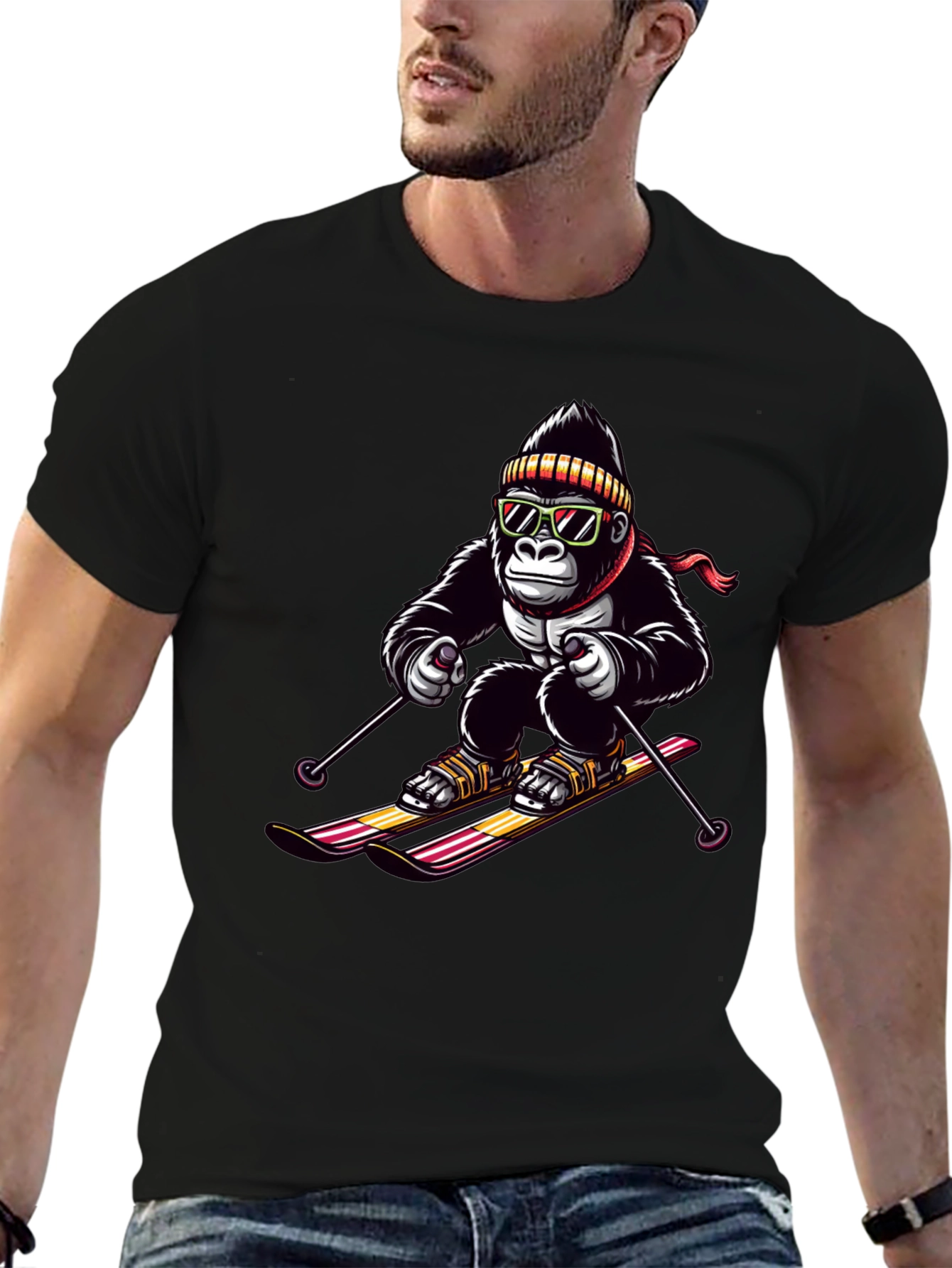 Black Gorilla Skiing Graphic Tee - Cool Novelty Design view 6