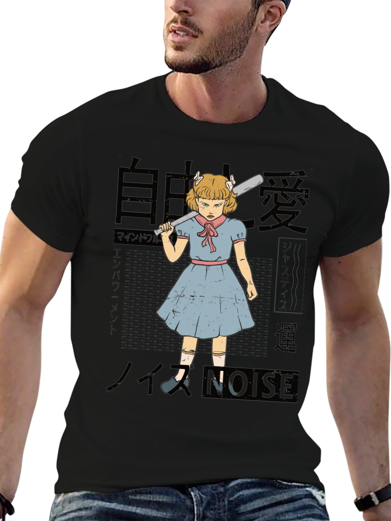 Black Retro Anime Girl with Baseball Bat Graphic Tee view 6