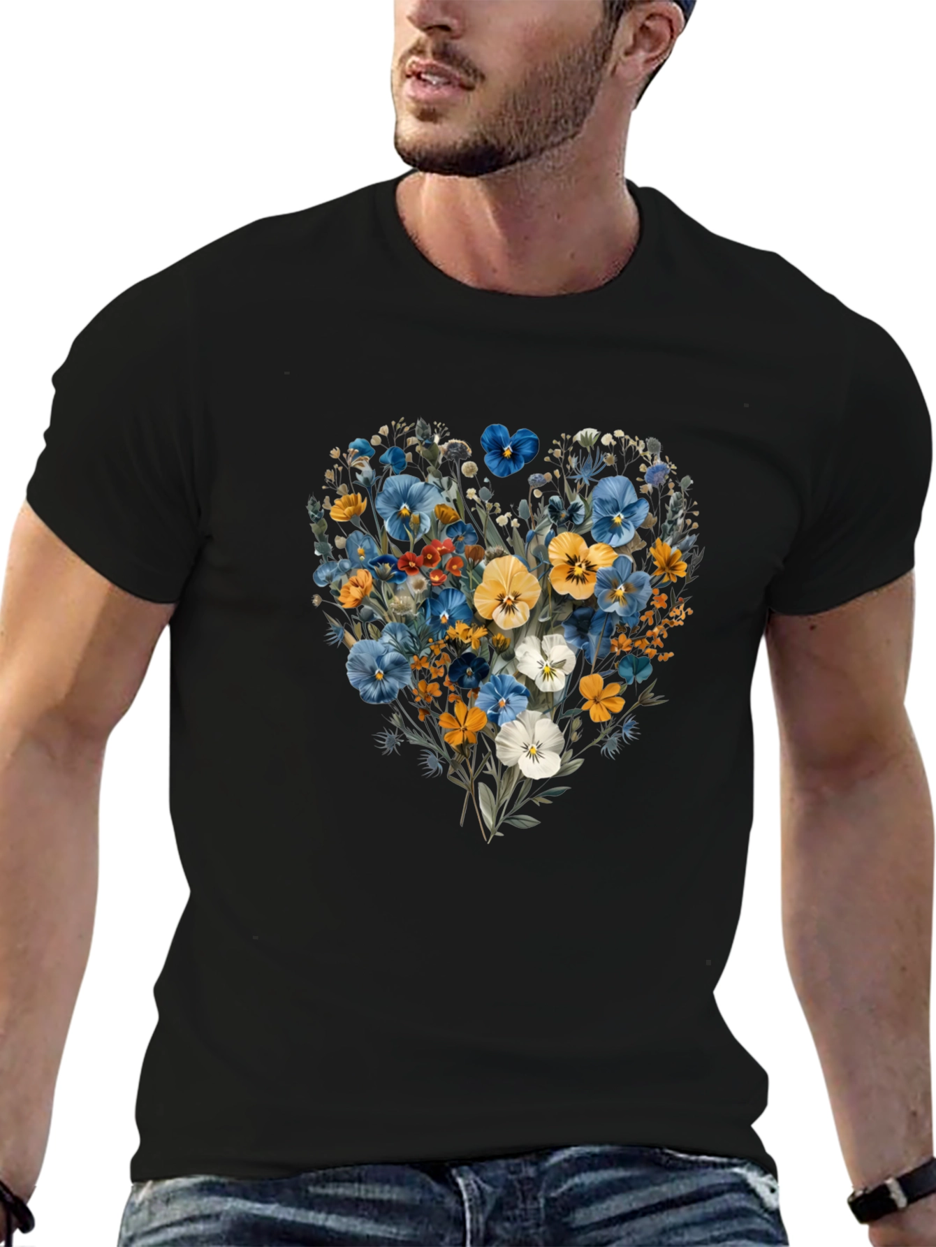 Black Floral Heart Graphic Tee - Black Crew Neck T-Shirt view 6