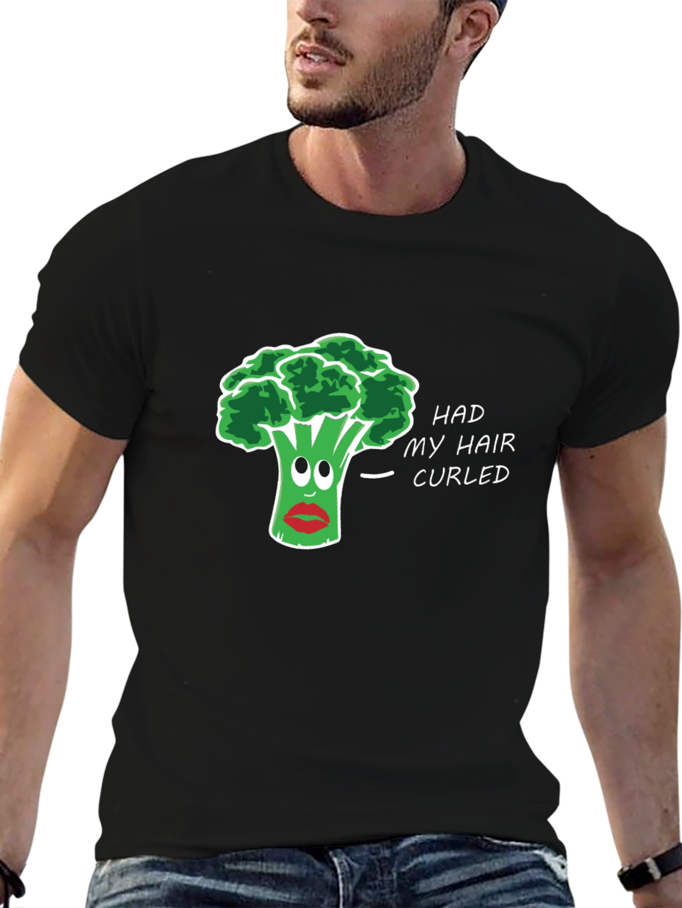 Black Humorous Broccoli Hair Pun T-Shirt view 6