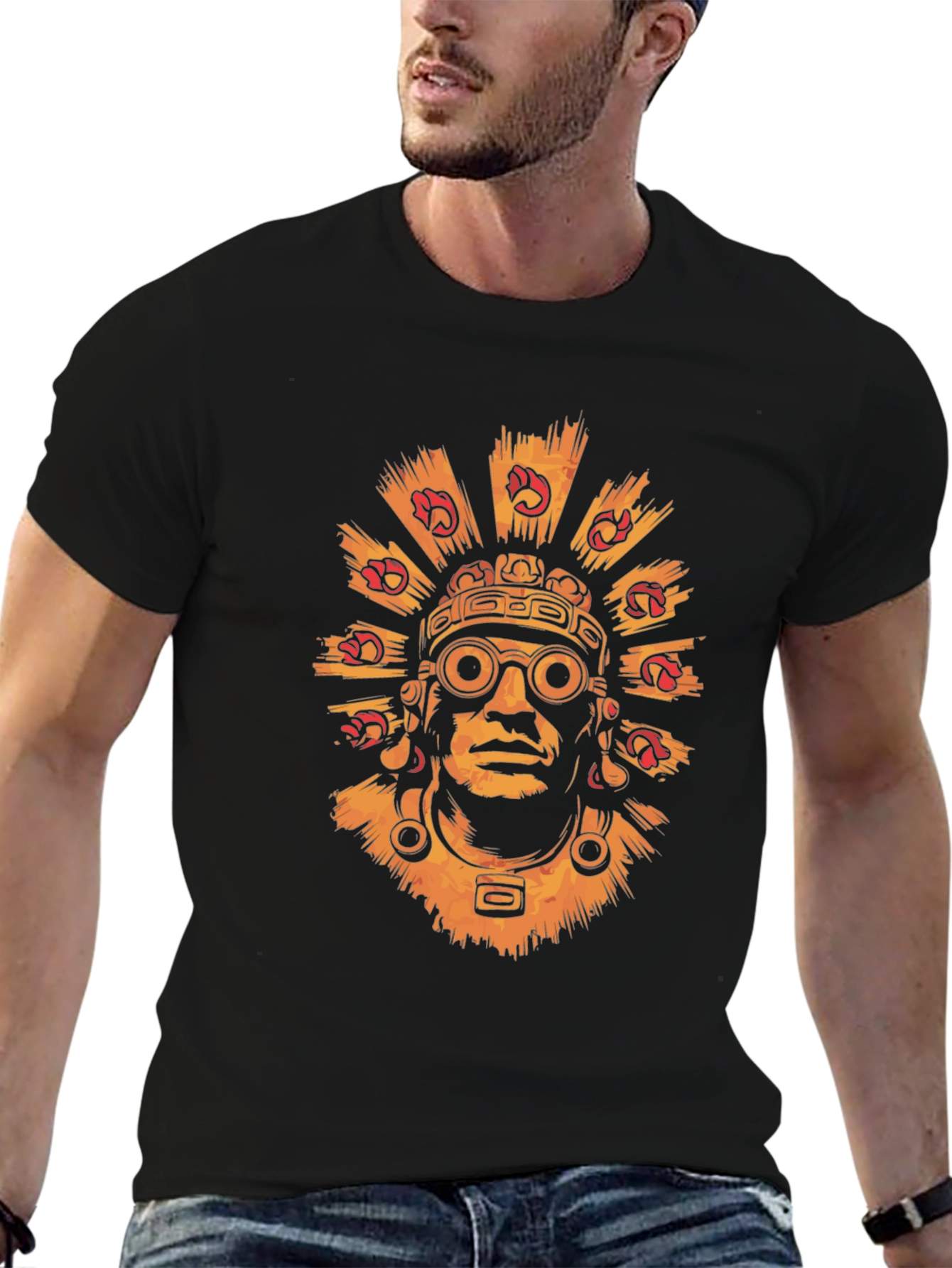 Black Aztec Warrior Graphic Tee - Stylish Black T-Shirt view 6
