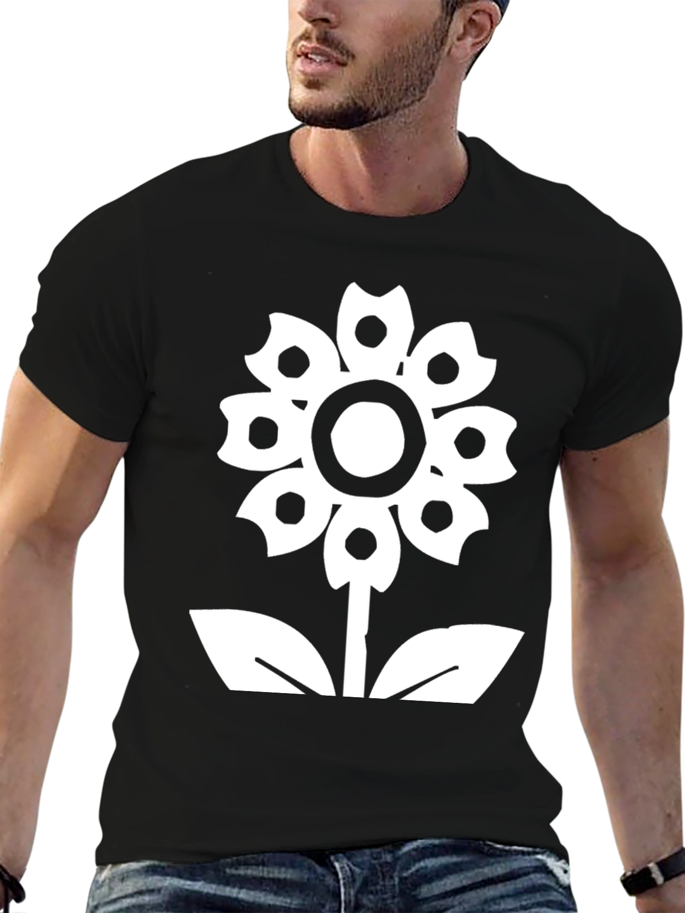 Black Flower Graphic Tee - Black Cotton Casual T-Shirt view 6