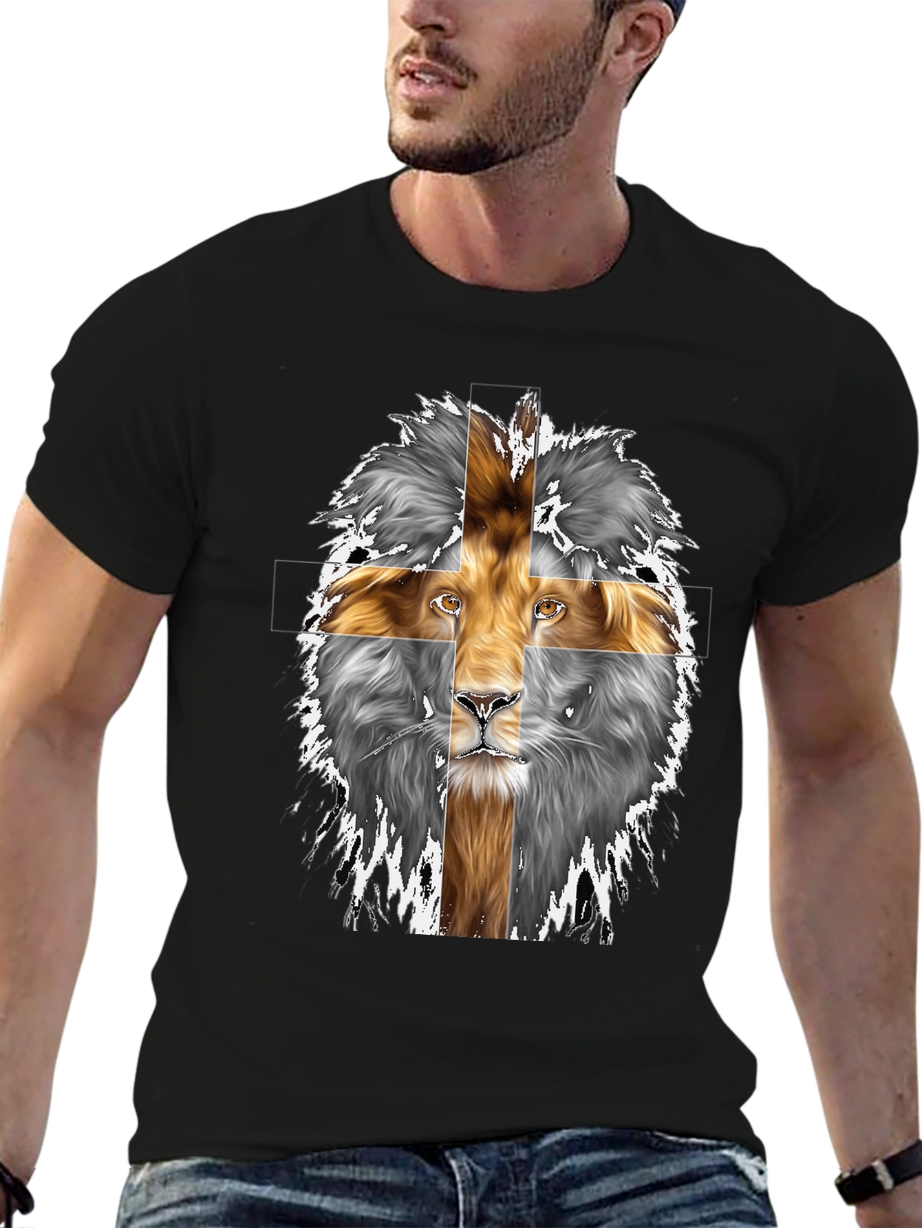 Black Lion Cross Graphic Black T-Shirt view 6