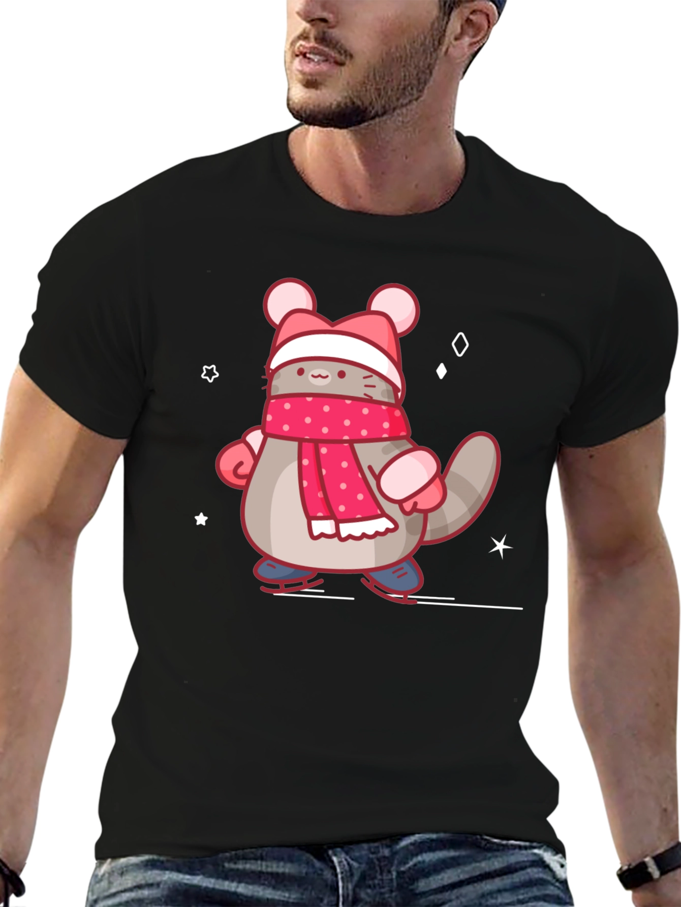 Black Cute Cartoon Cat in Winter Gear T-Shirt view 6