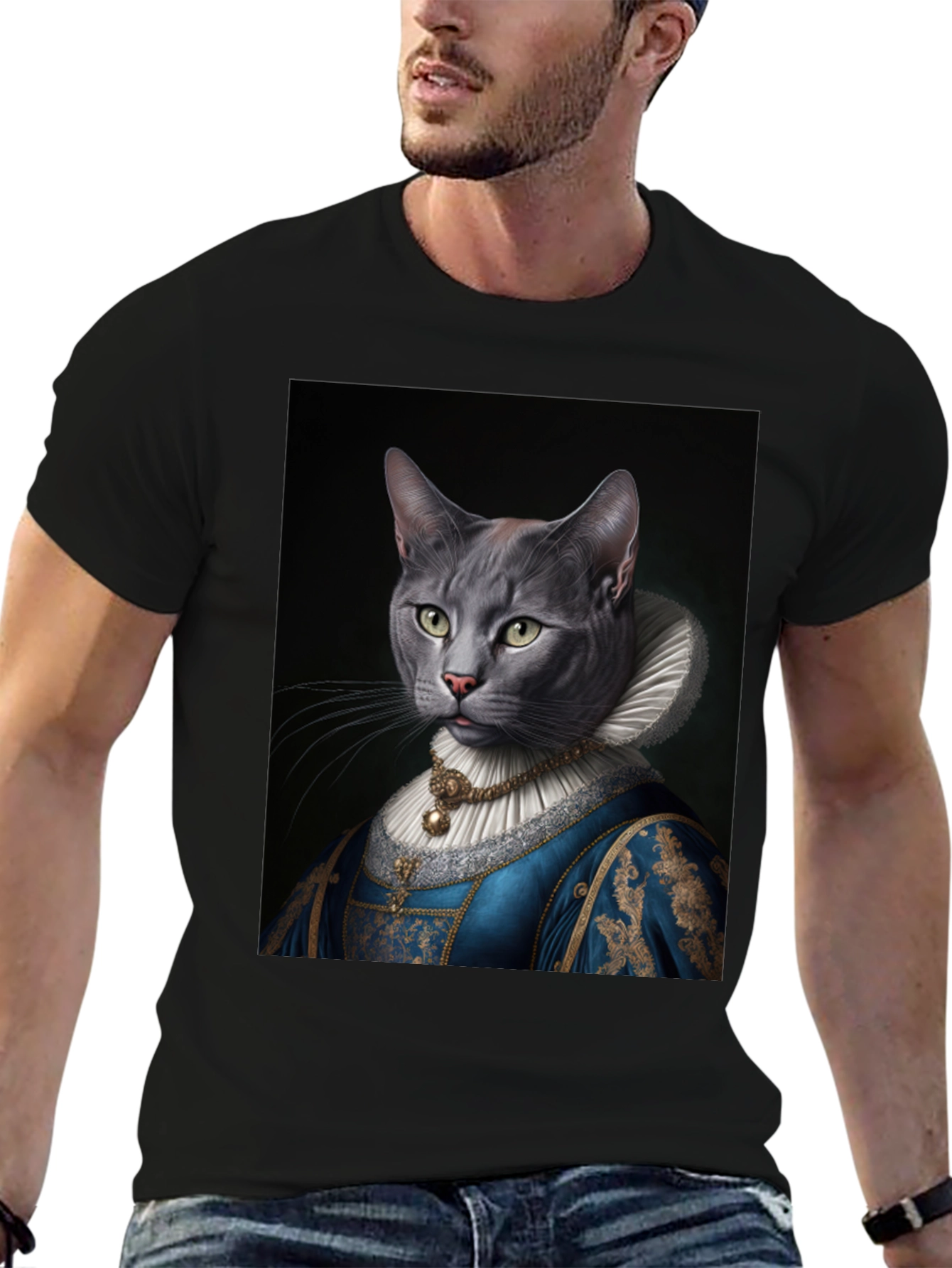 Black Royal Cat Portrait T-Shirt - Quirky Renaissance Style view 6