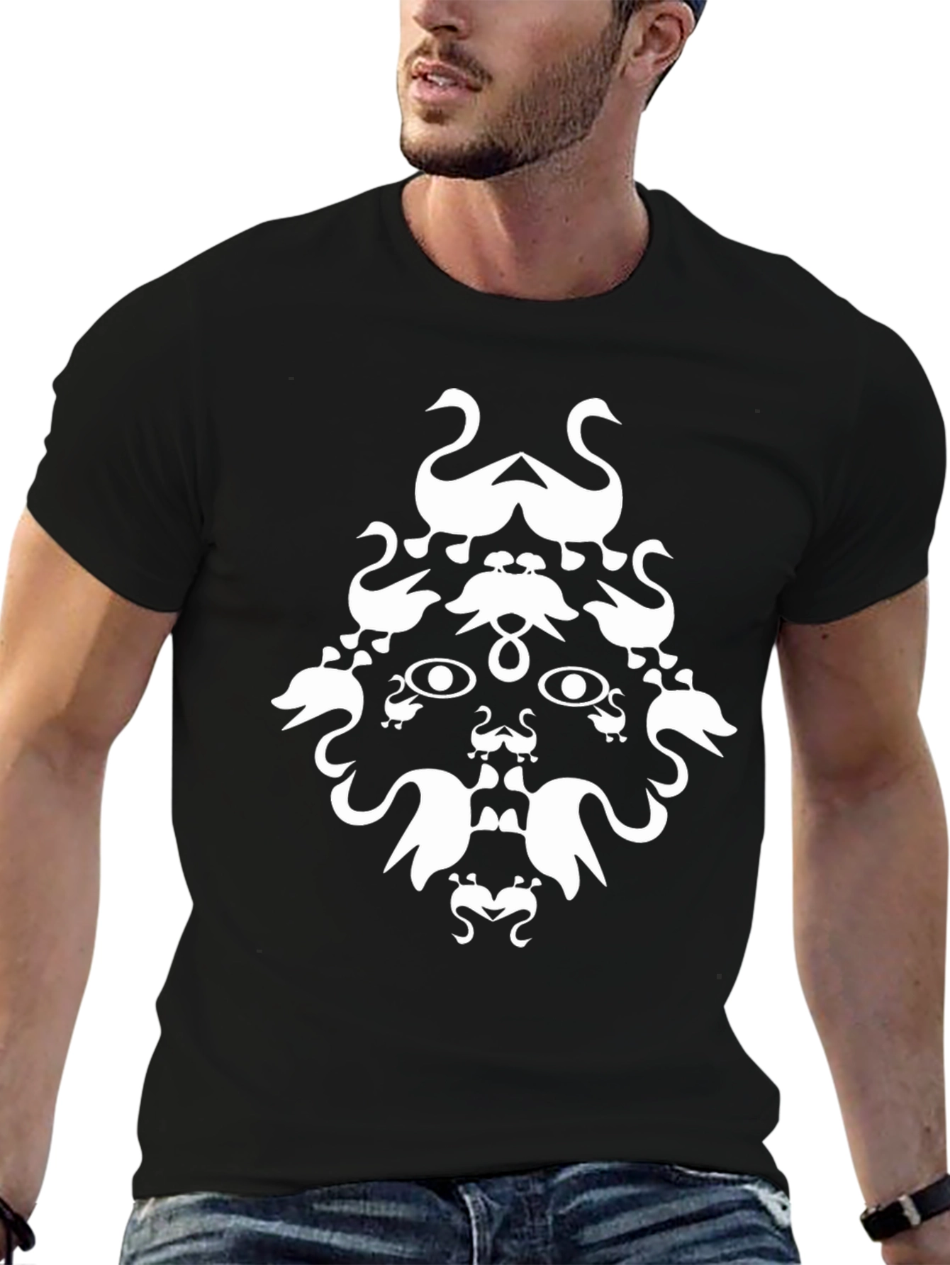 Black Abstract Swan Face Graphic Black T-Shirt view 6