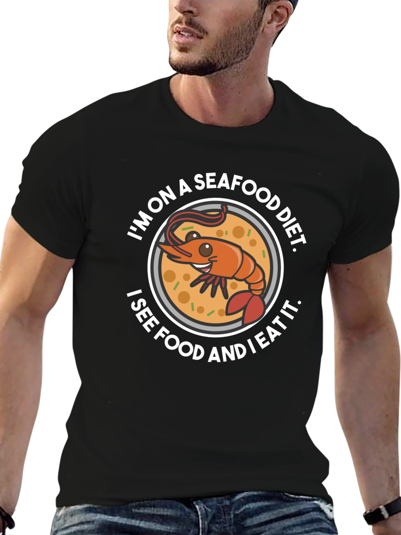 Black Seafood Diet T-Shirt Funny Shrimp Eater Graphic Tee view 6