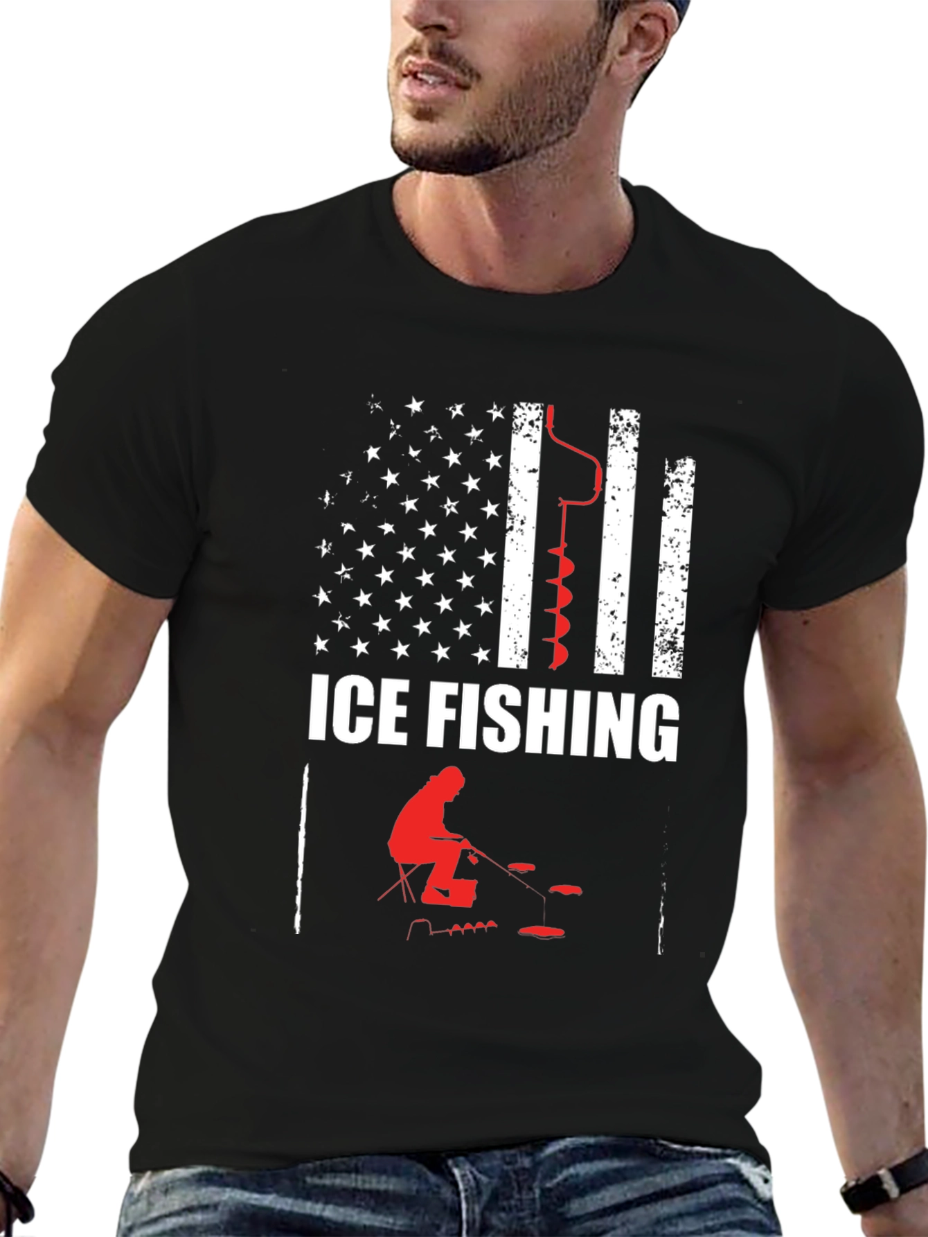 Black Ice Fishing American Flag Graphic T-Shirt view 6