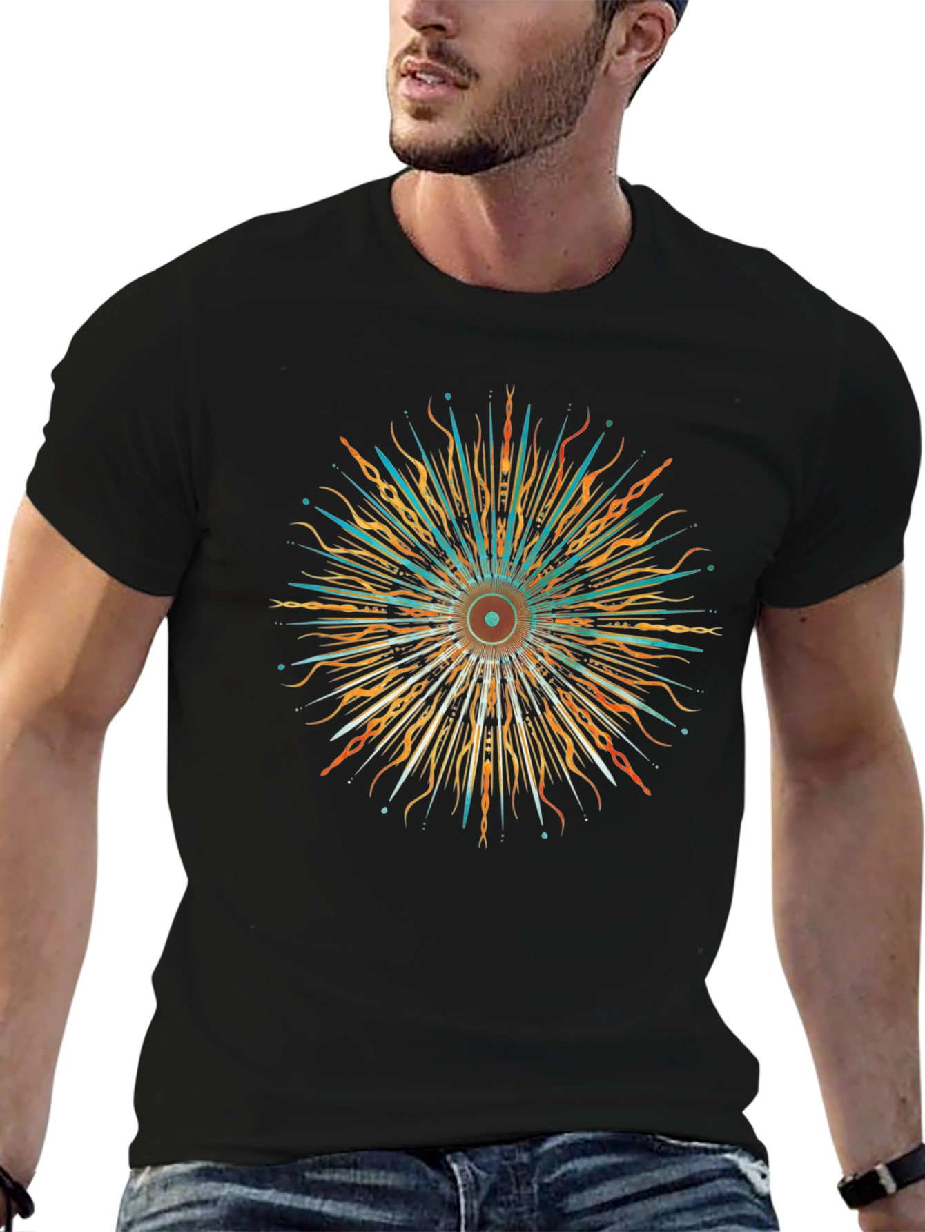 Black Abstract Sunburst Graphic Black T-Shirt view 6