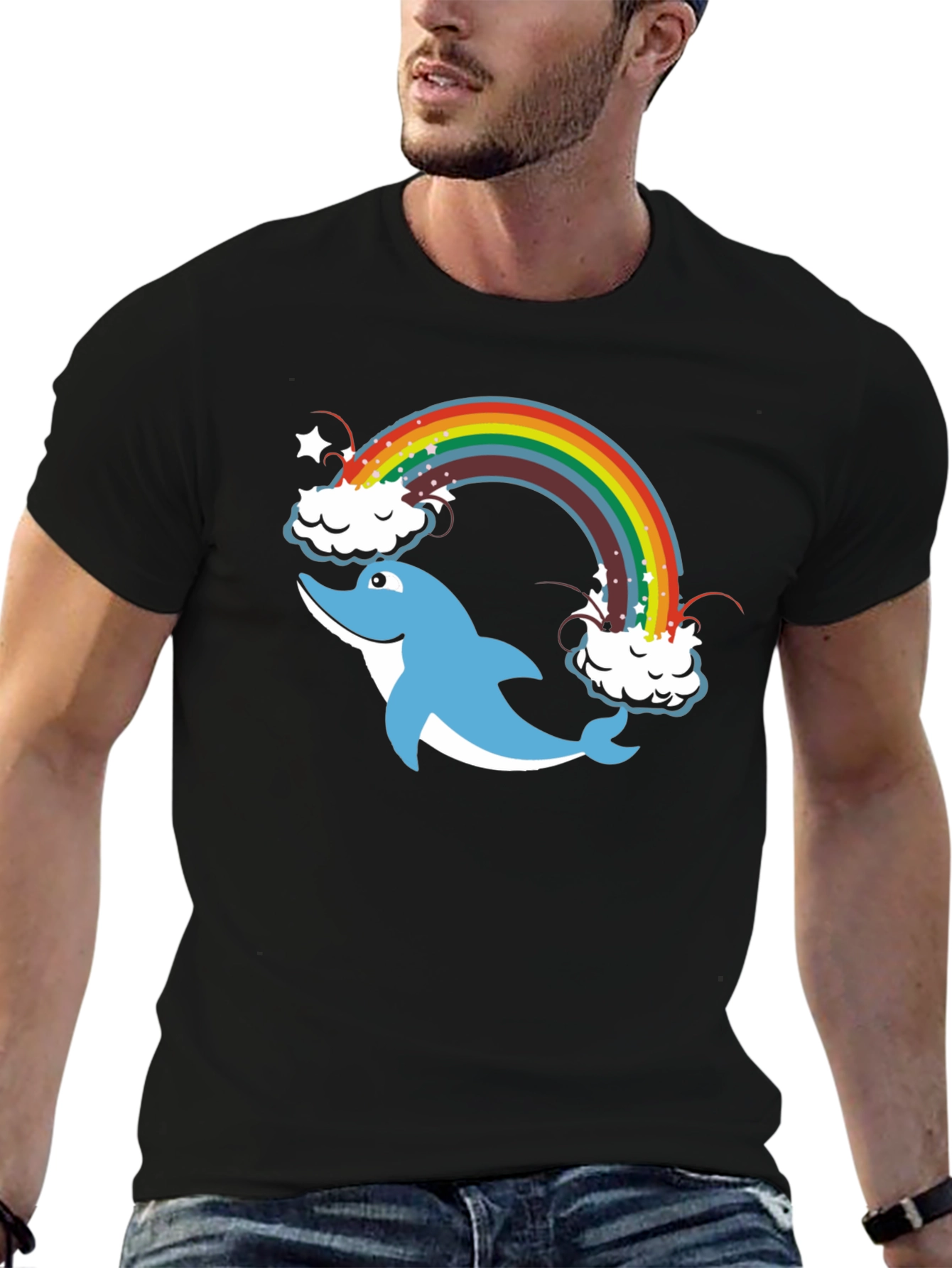 Black Dolphin Rainbow Black T-Shirt view 6