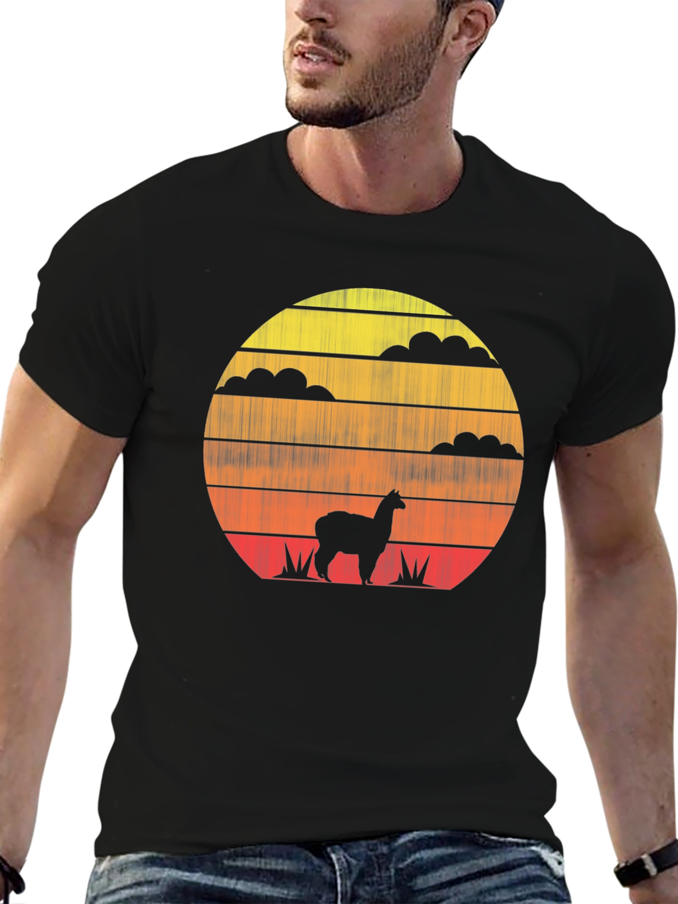 Black Retro Sunset Alpaca T-Shirt - Stylish Graphic Tee view 6