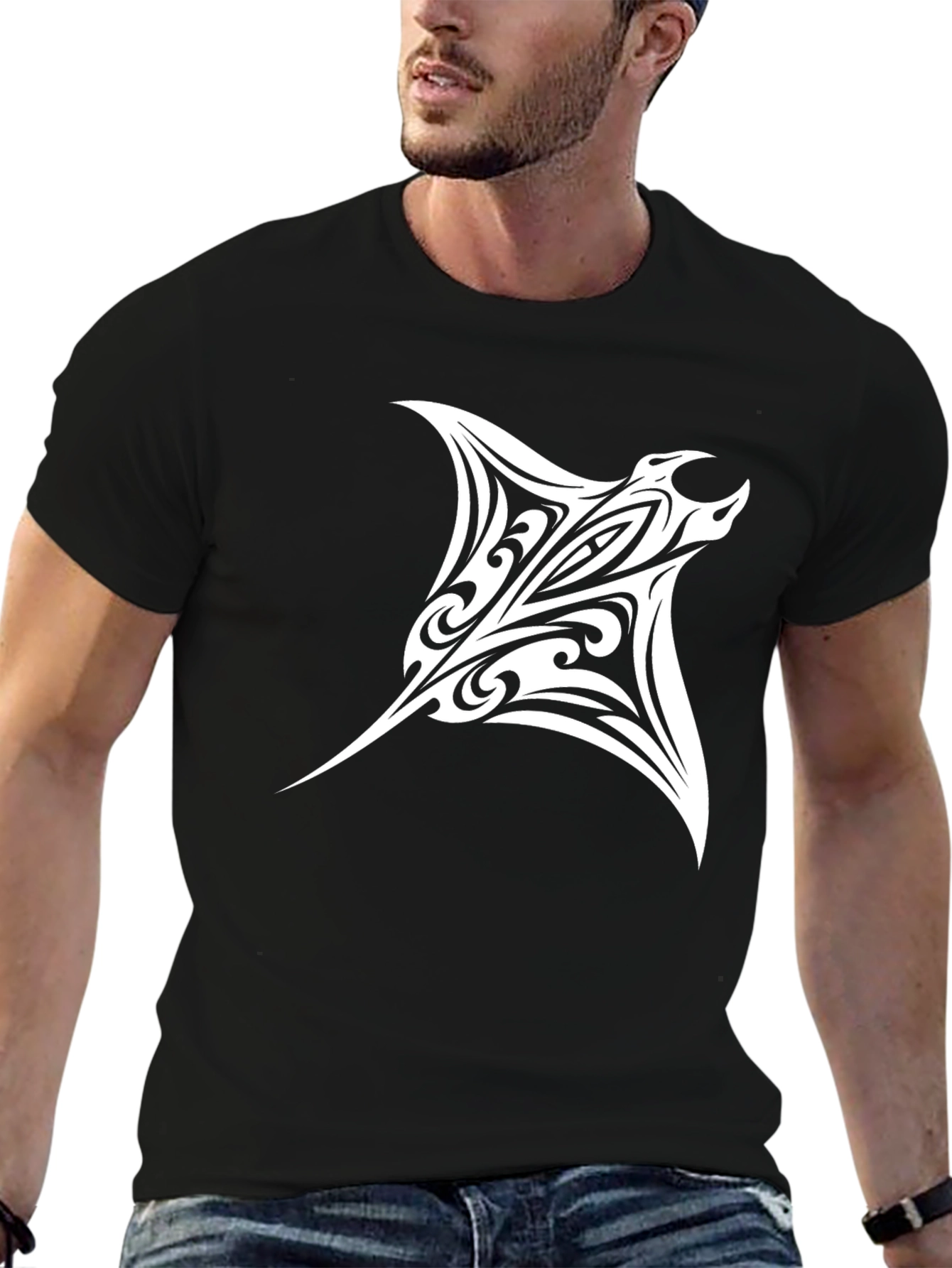 Black Tribal Manta Ray Graphic Tee - Black view 6