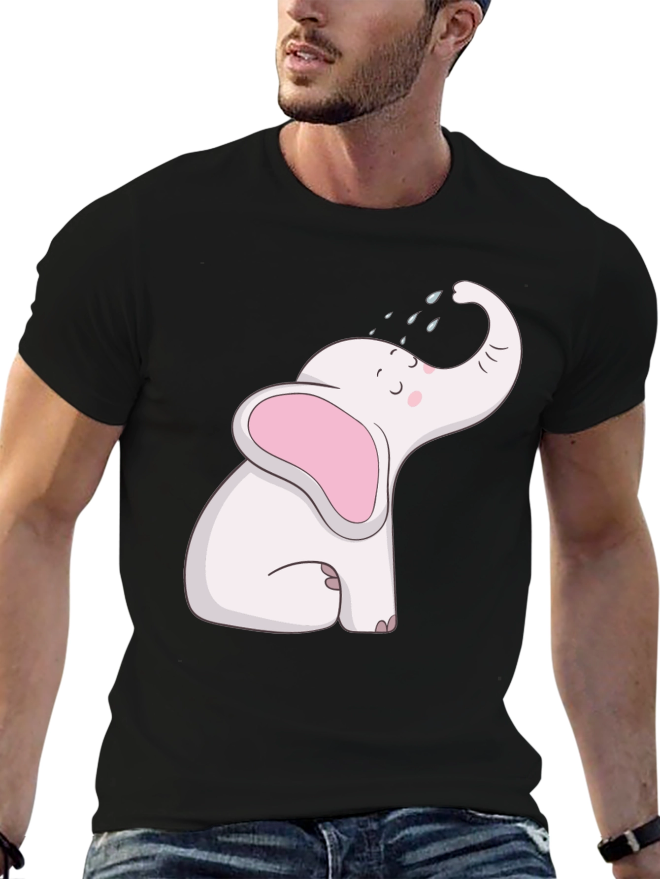 Black Cute Elephant Graphic Tee - Black Cotton T-Shirt view 6