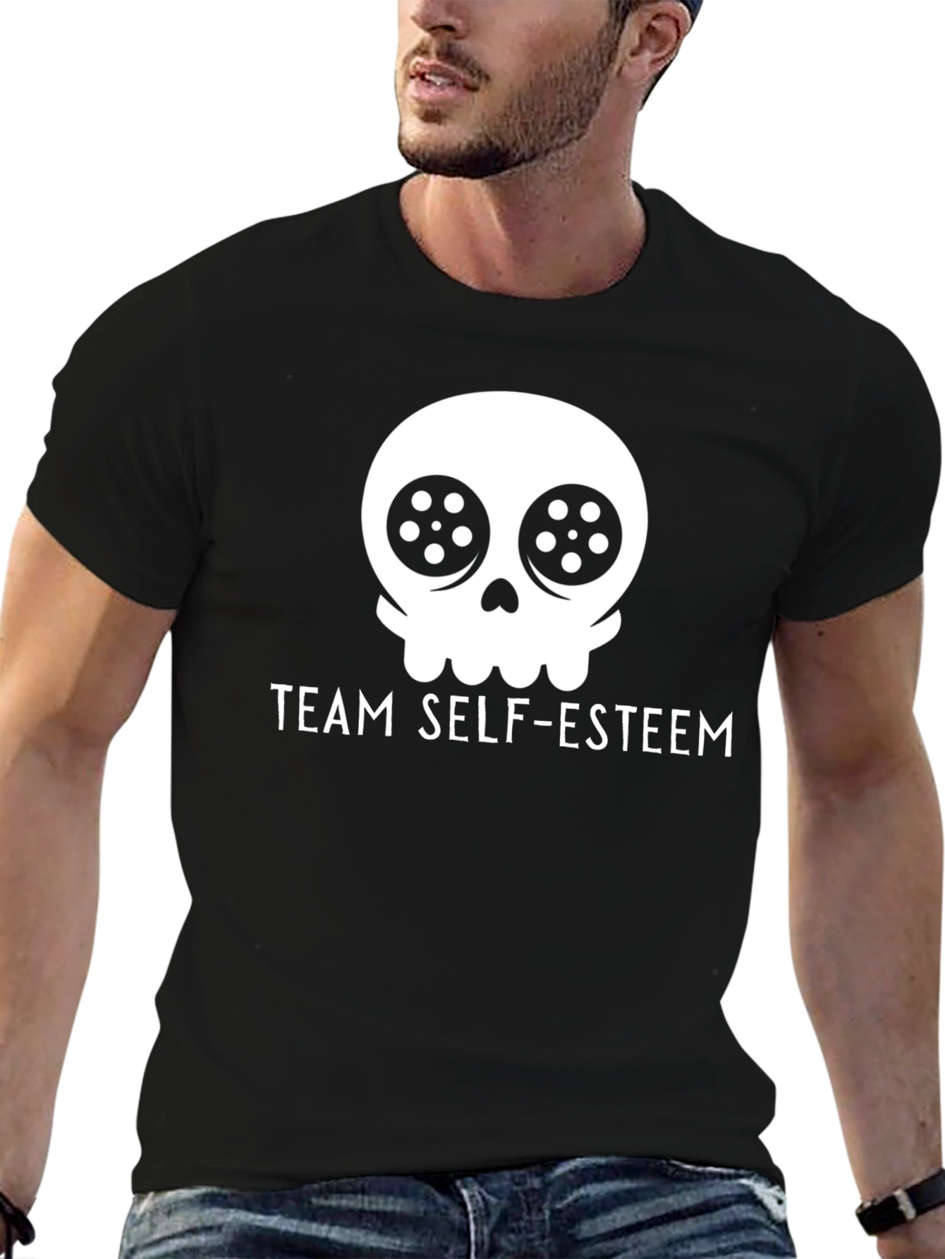 Black Team Self-Esteem Skull Graphic Tee - Black Cotton T-Shirt view 6