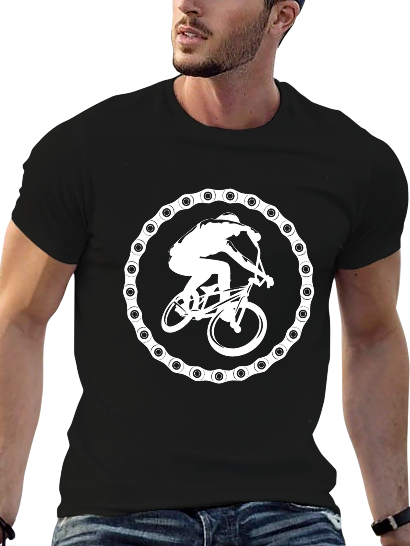 Black Biker Chain Graphic Tee - Black Cotton T-Shirt view 6