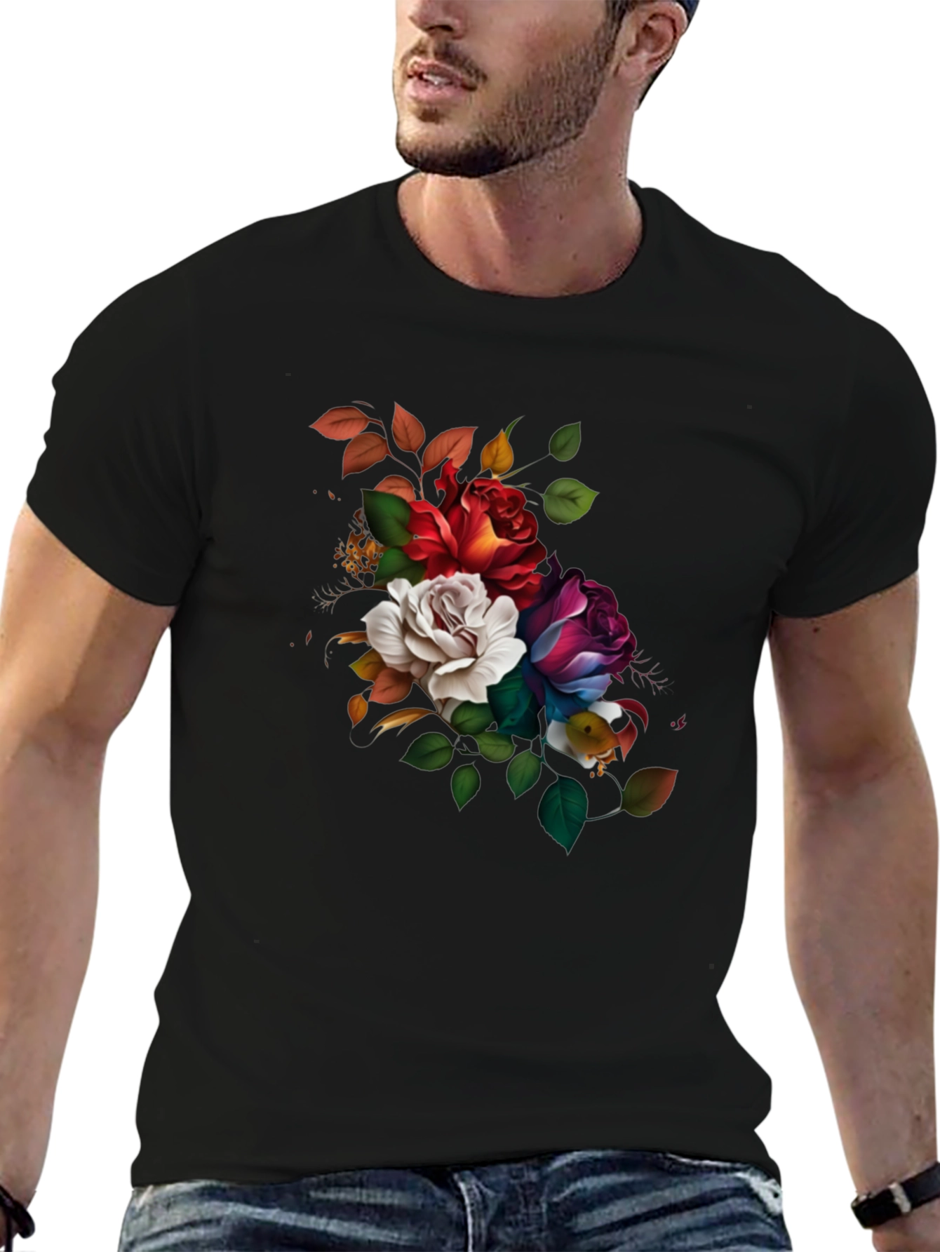 Black Floral Roses Graphic Black T-Shirt view 6