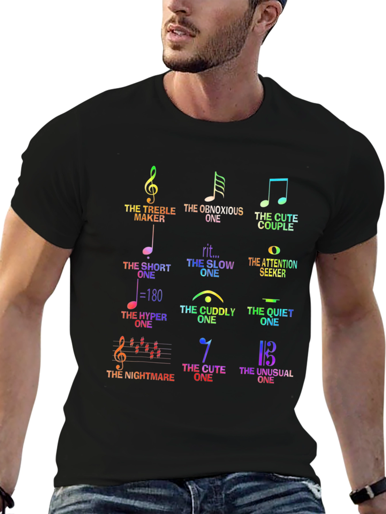 Black Musical Humor Graphic Tee - 'The Music Note Personalities' Shirt view 6