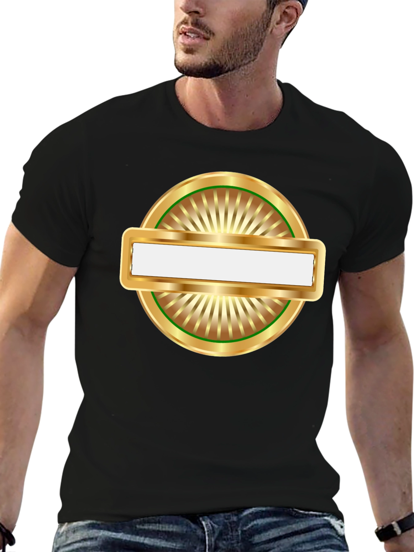 Black Men's Black T-Shirt with Gold Emblem view 6