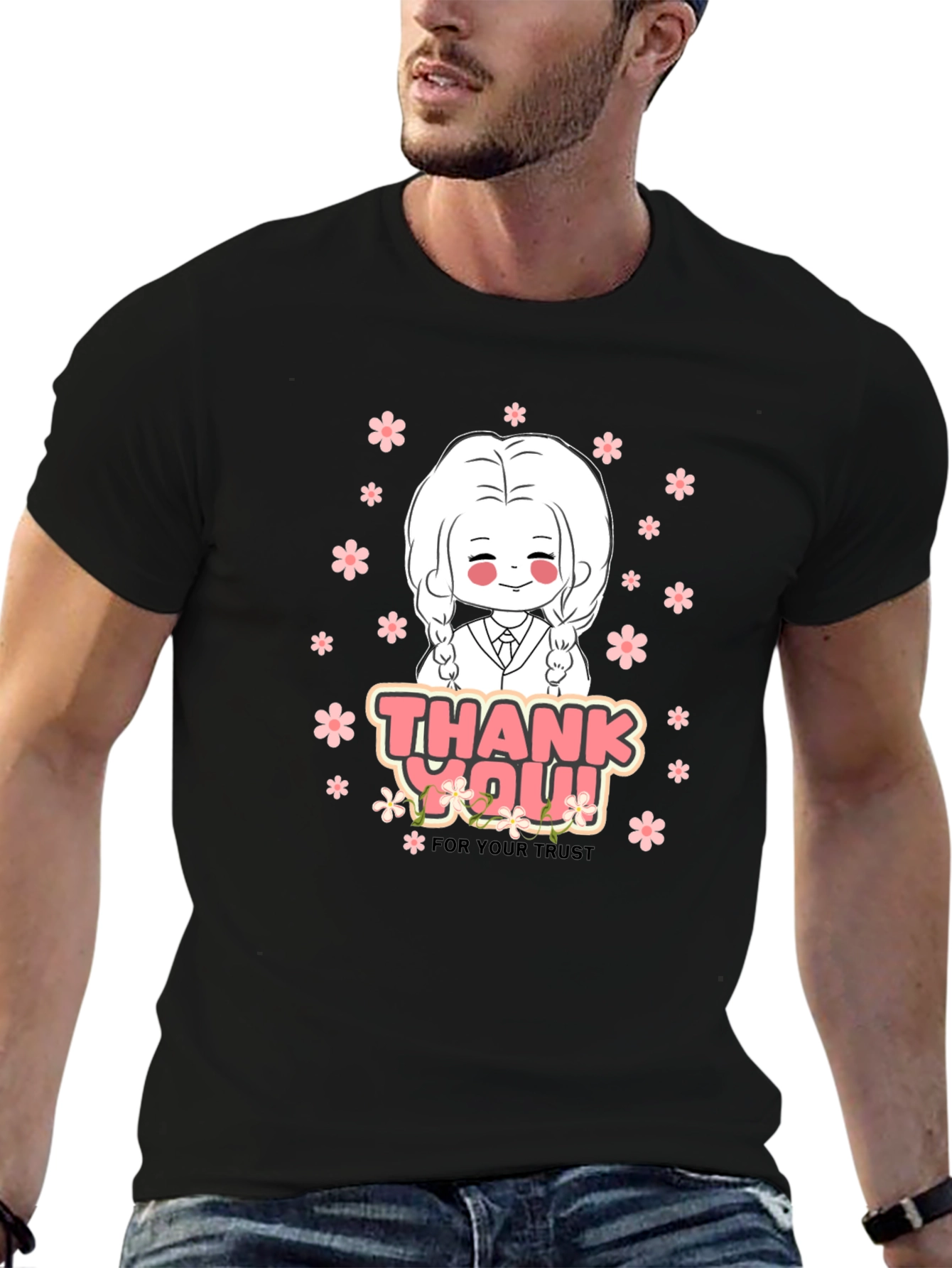 Black Anime Girl Graphic Print Crew Neck T-Shirt view 6