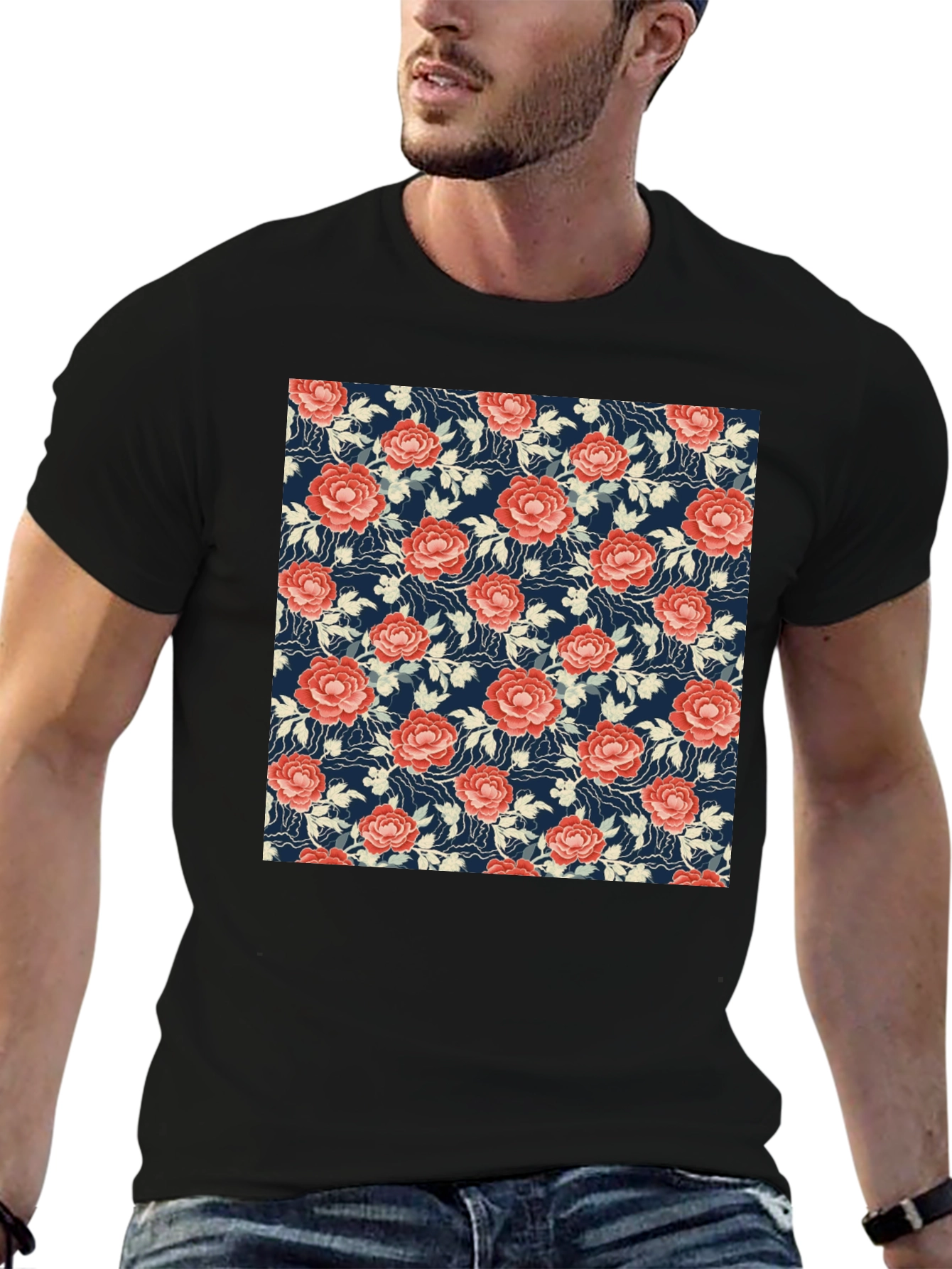 Black Floral Print Tee - Soft & Stylish Cotton T-Shirt view 6