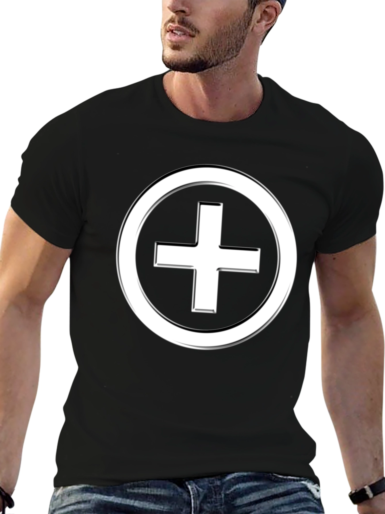 Black Minimalist Plus Sign T-Shirt - Black Cotton Blend view 6