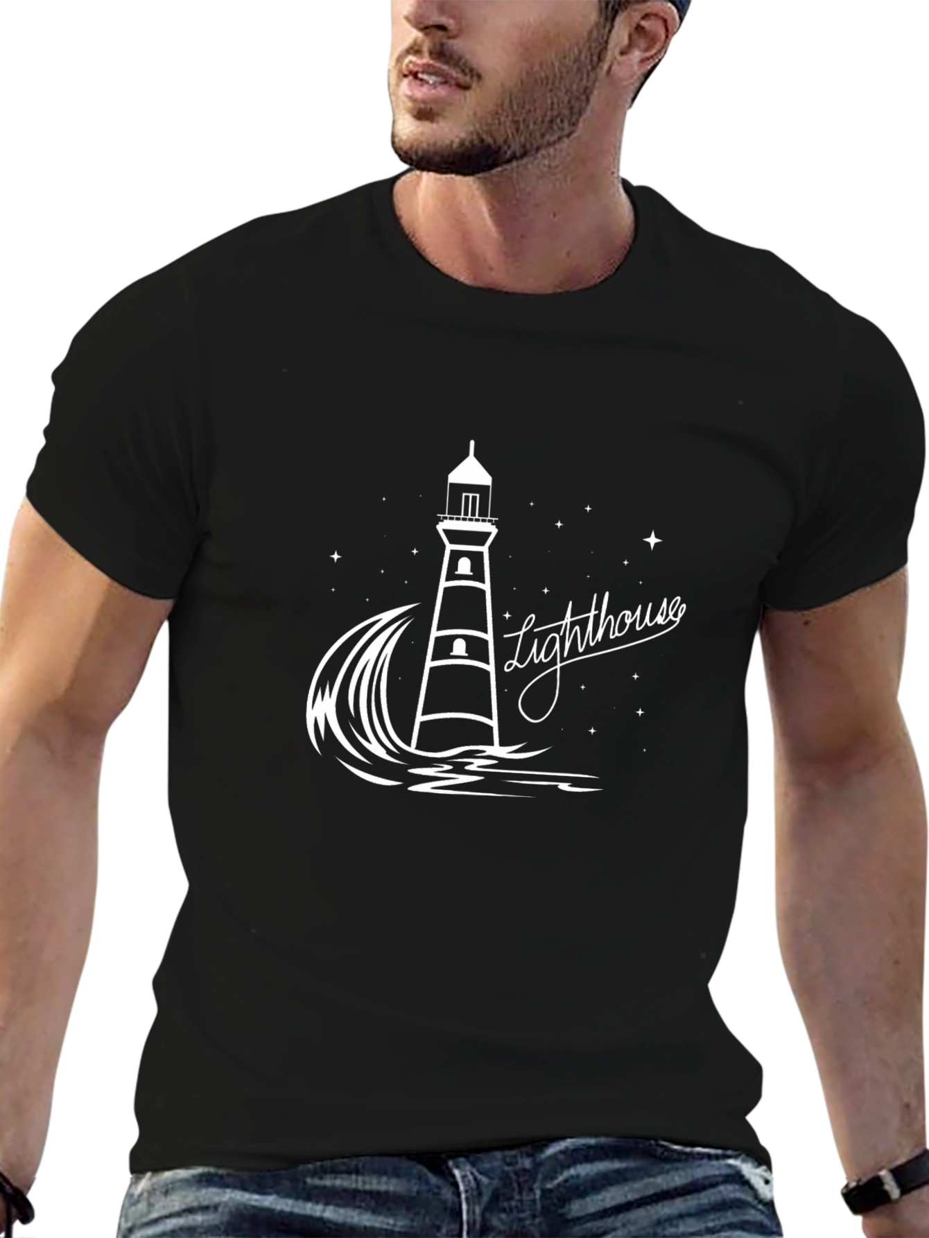 Black Lighthouse Graphic Tee - Black Cotton T-Shirt view 6